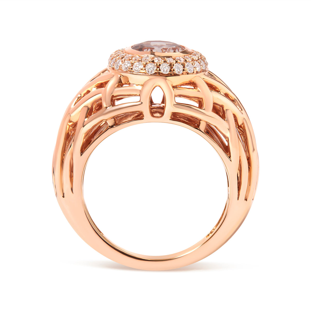 14K Rose Gold Oval Cut Light Pink Morganite and 3/8 Cttw Diamonds Halo and Basket Weave Cocktail Ring (G-H Color, SI1-SI2 Clarity) - Size 7