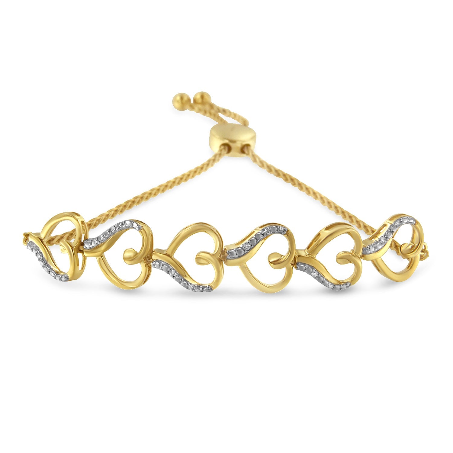 10K Yellow Gold over .925 Sterling Silver Diamond Accented Open Hearts 6â€-9â€ Adjustable Chain Bolo Bracelet