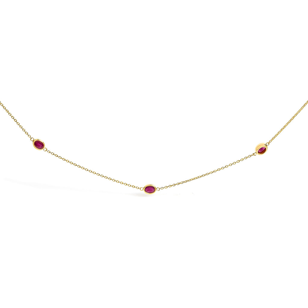14K Yellow Gold Bezel Set 4x3 mm Oval Red Ruby Station Necklace - 18 Inches