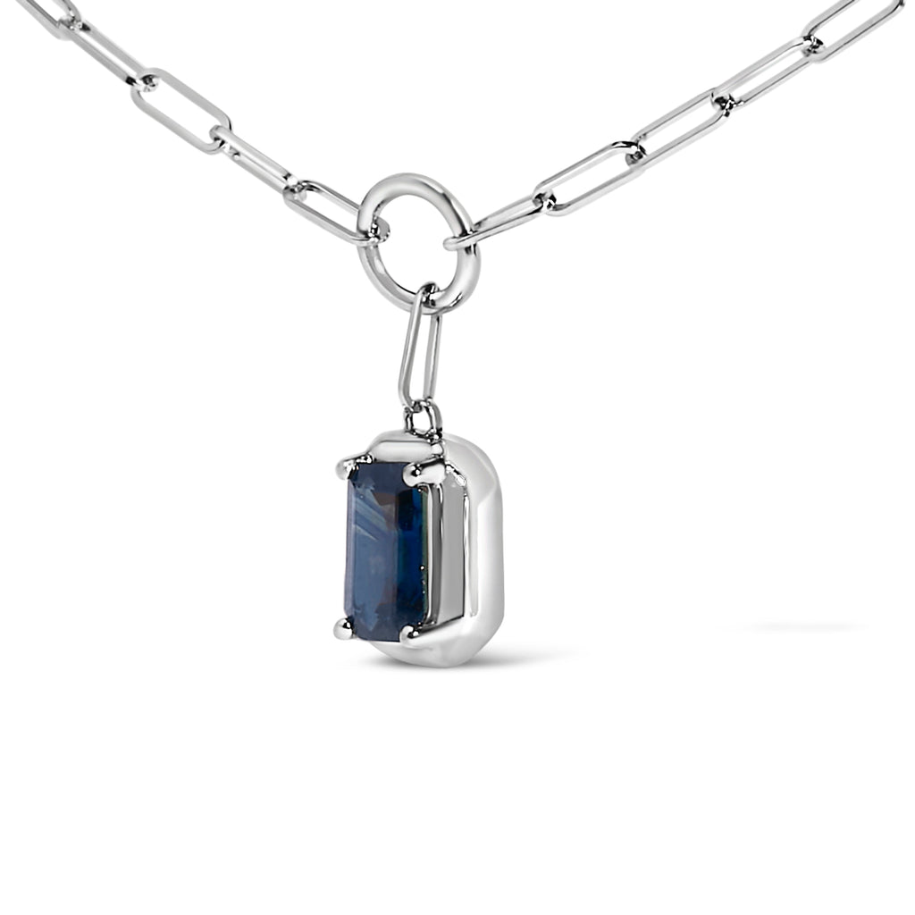 10K White Gold Emerald Cut 6x4 MM Blue Sapphire Solitaire Pendant Necklace - 18 inch