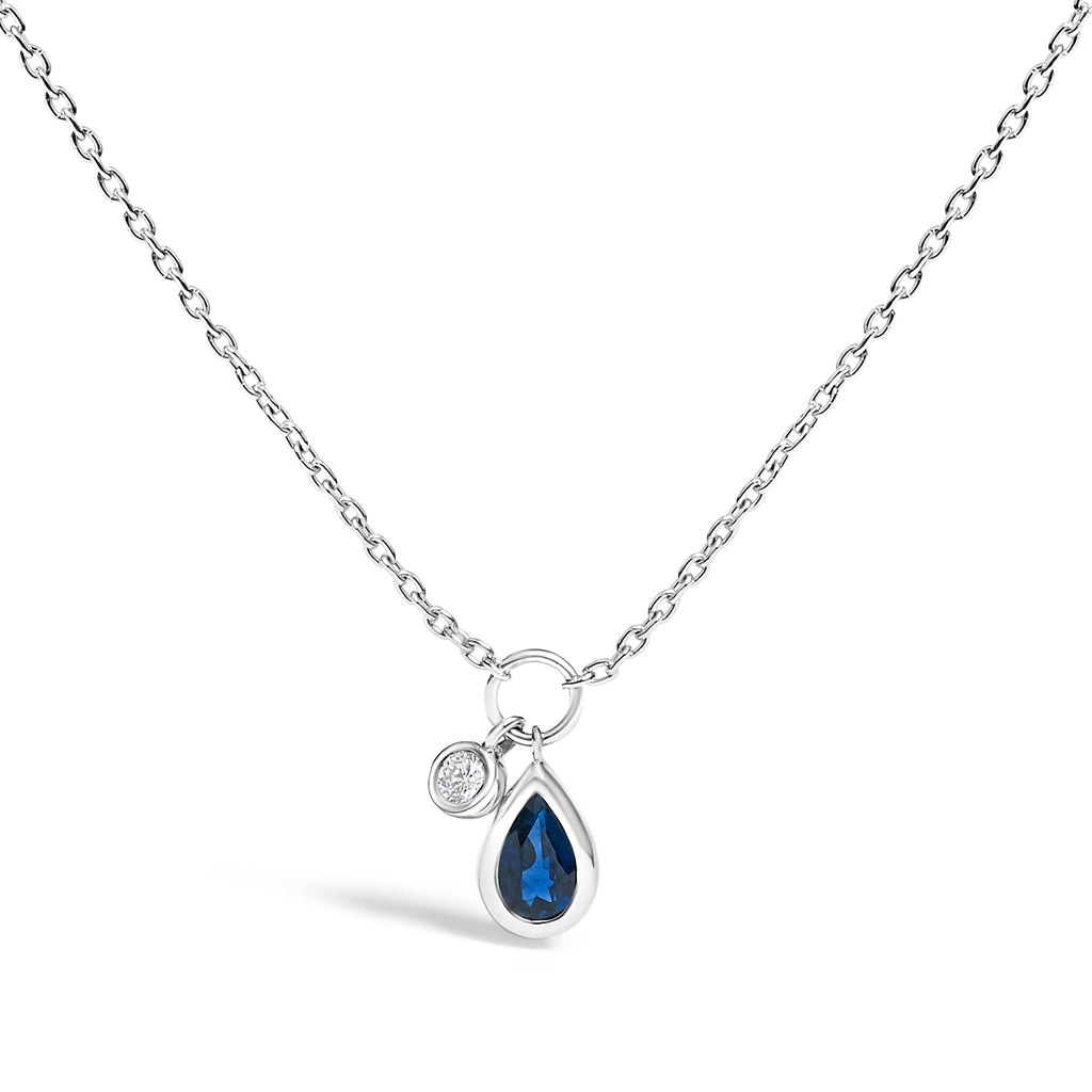 10K White Gold 6x4 mm Pear Blue Sapphire and Diamond  Accent Charm Pendant Necklace - 18" Inches