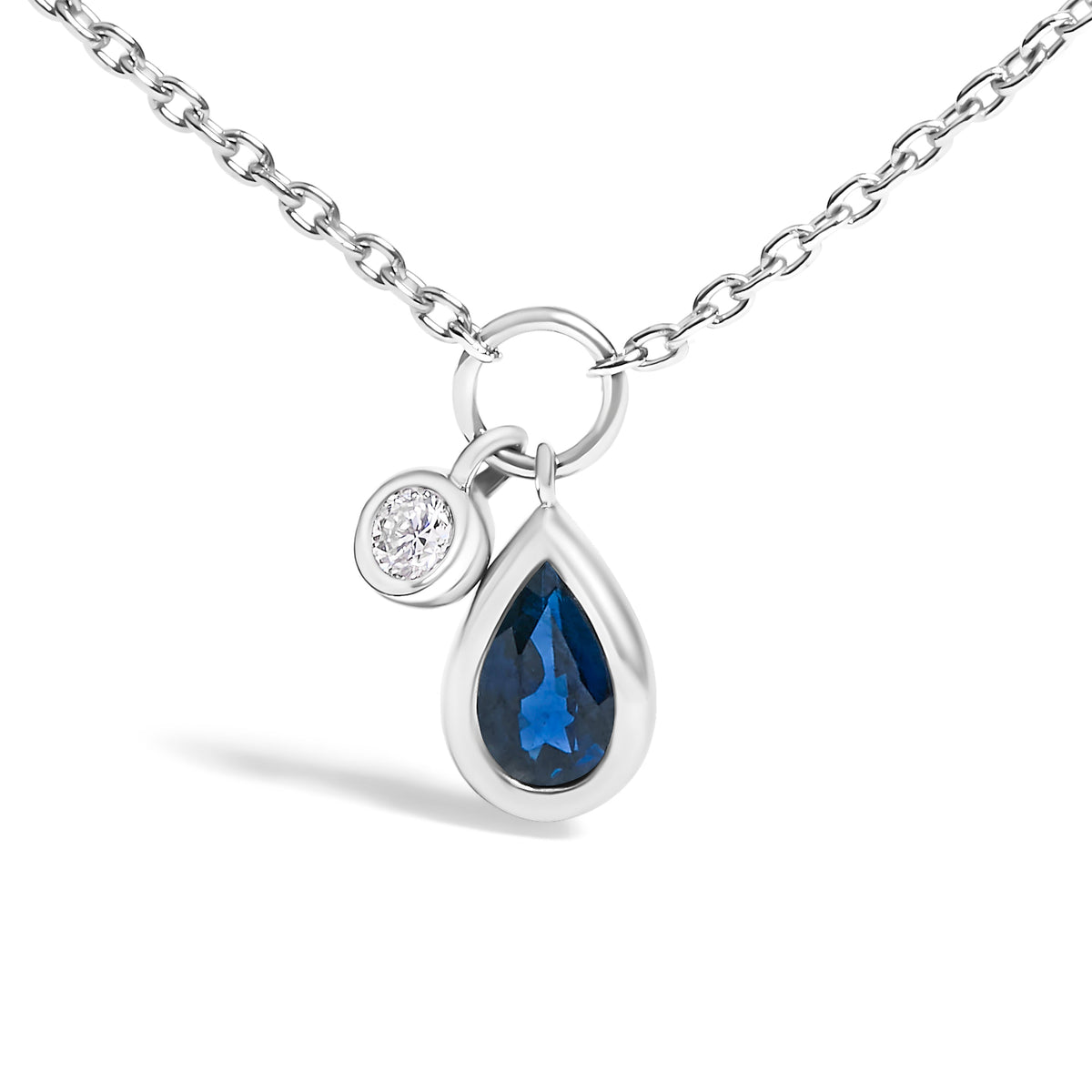 10K White Gold 6x4 mm Pear Blue Sapphire and Diamond  Accent Charm Pendant Necklace - 18" Inches