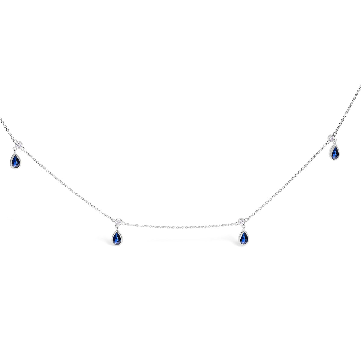 10K White Gold Dangling 5x3 mm Pear Blue Sapphire and Diamond Station Necklace - 18" Inches