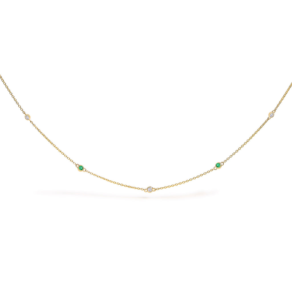 14K Yellow Gold Bezel Set Alternating Green Emerald and Diamond Station Necklace - 18" Inches