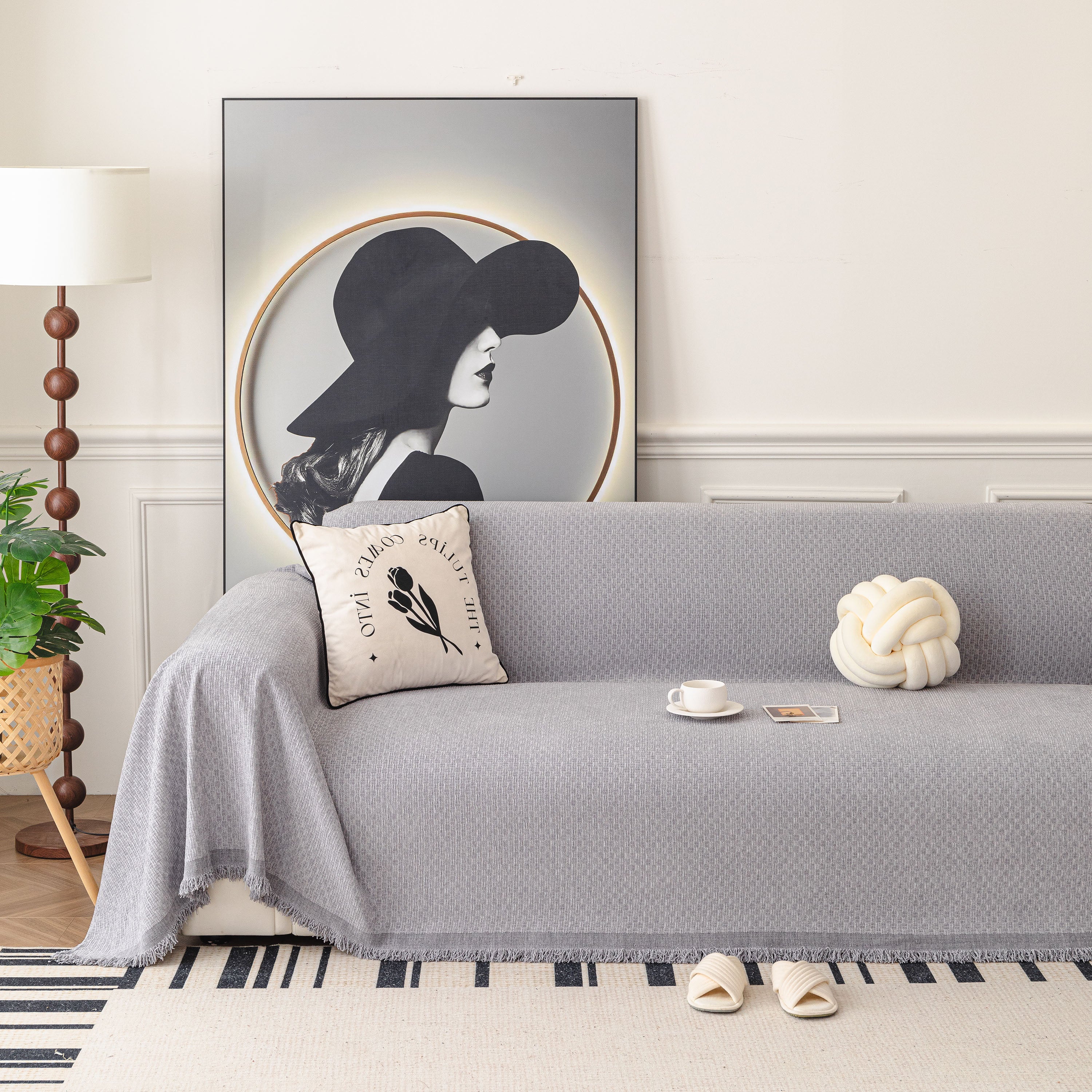 Textured Woven Modern Sofa Cover, Natural Blend Decorative Couch Throw Blanket