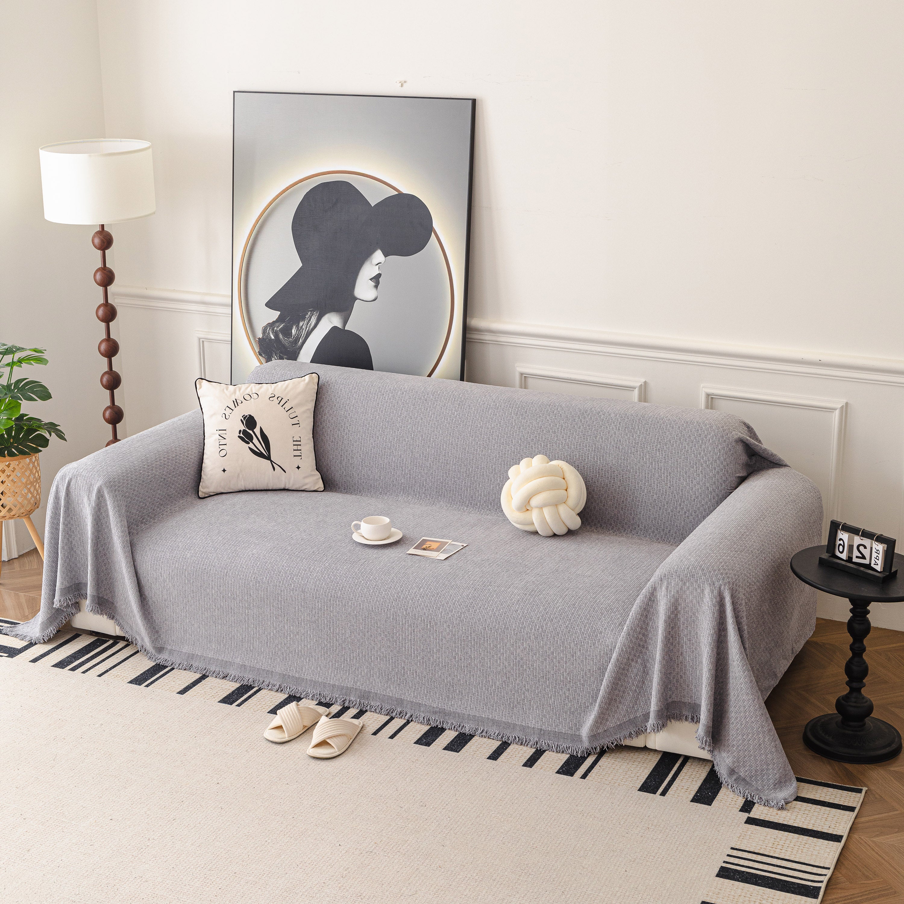 Textured Woven Modern Sofa Cover, Natural Blend Decorative Couch Throw Blanket