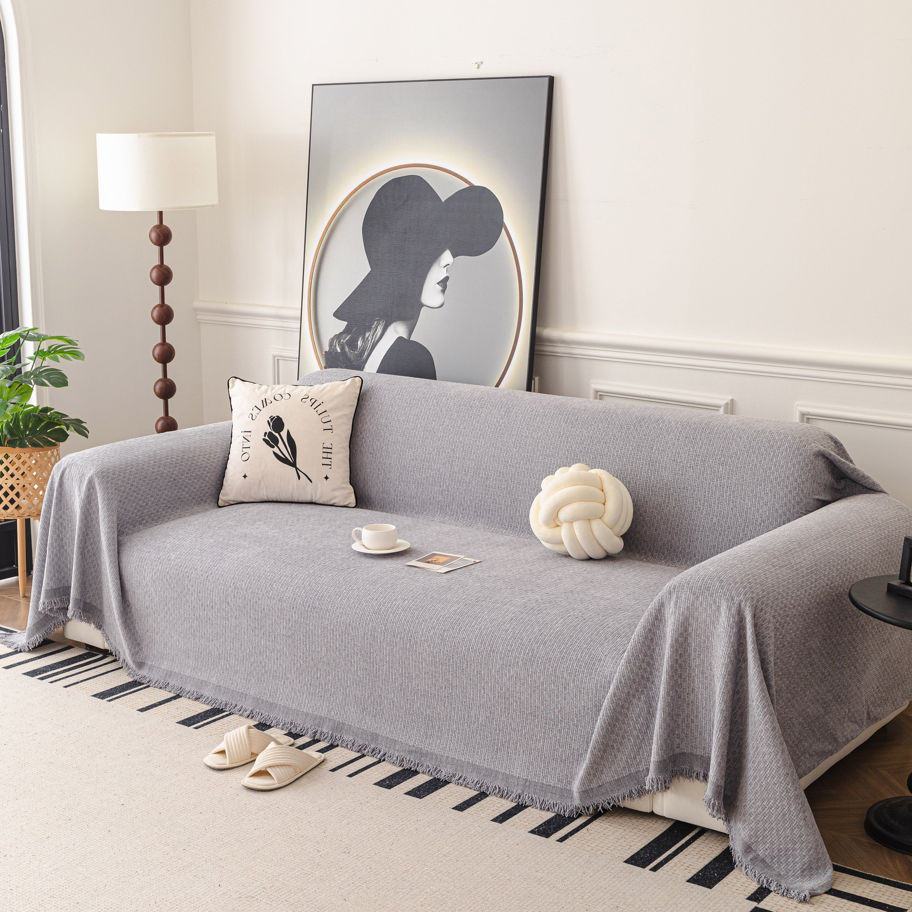 Textured Woven Modern Sofa Cover, Natural Blend Decorative Couch Throw Blanket