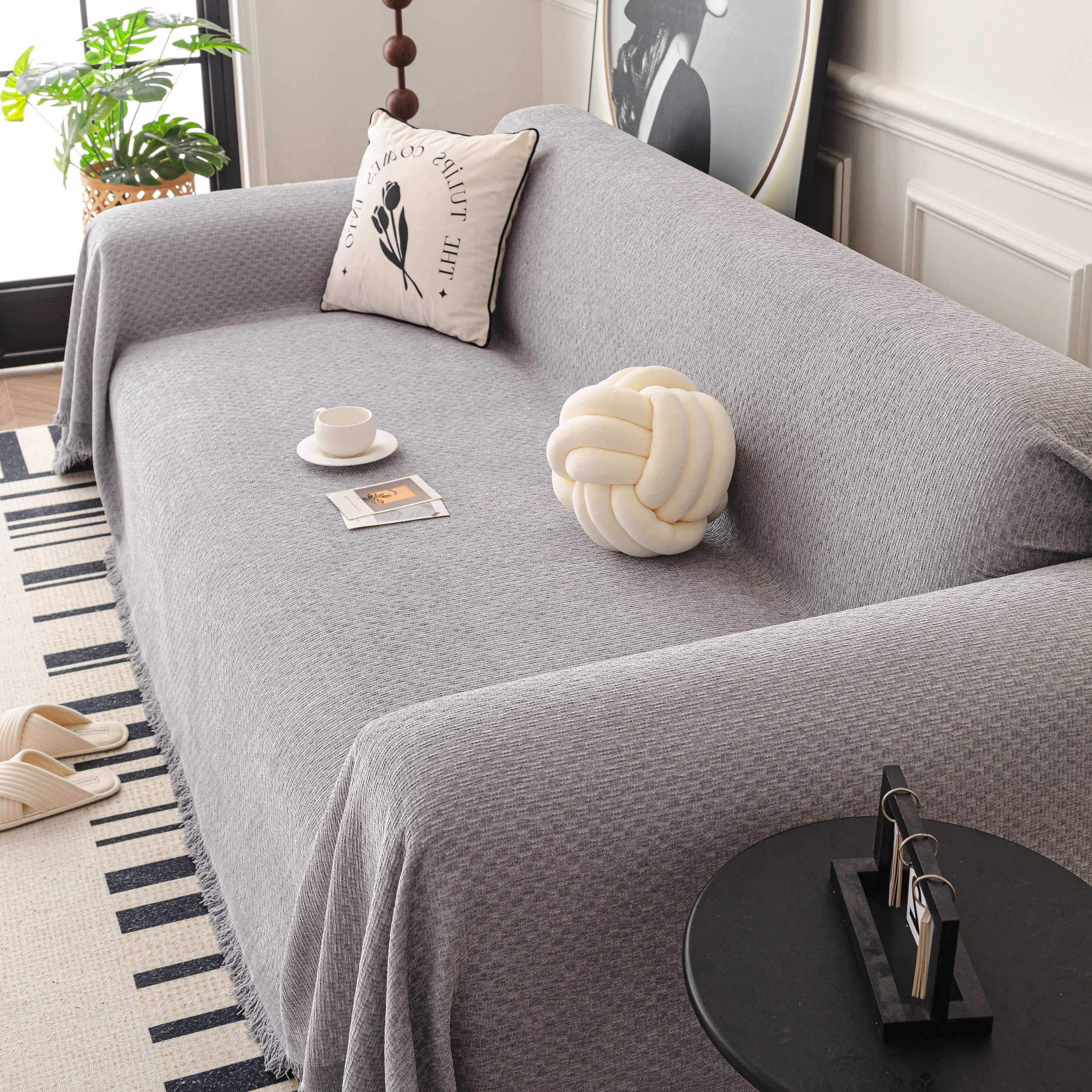 Textured Woven Modern Sofa Cover, Natural Blend Decorative Couch Throw Blanket