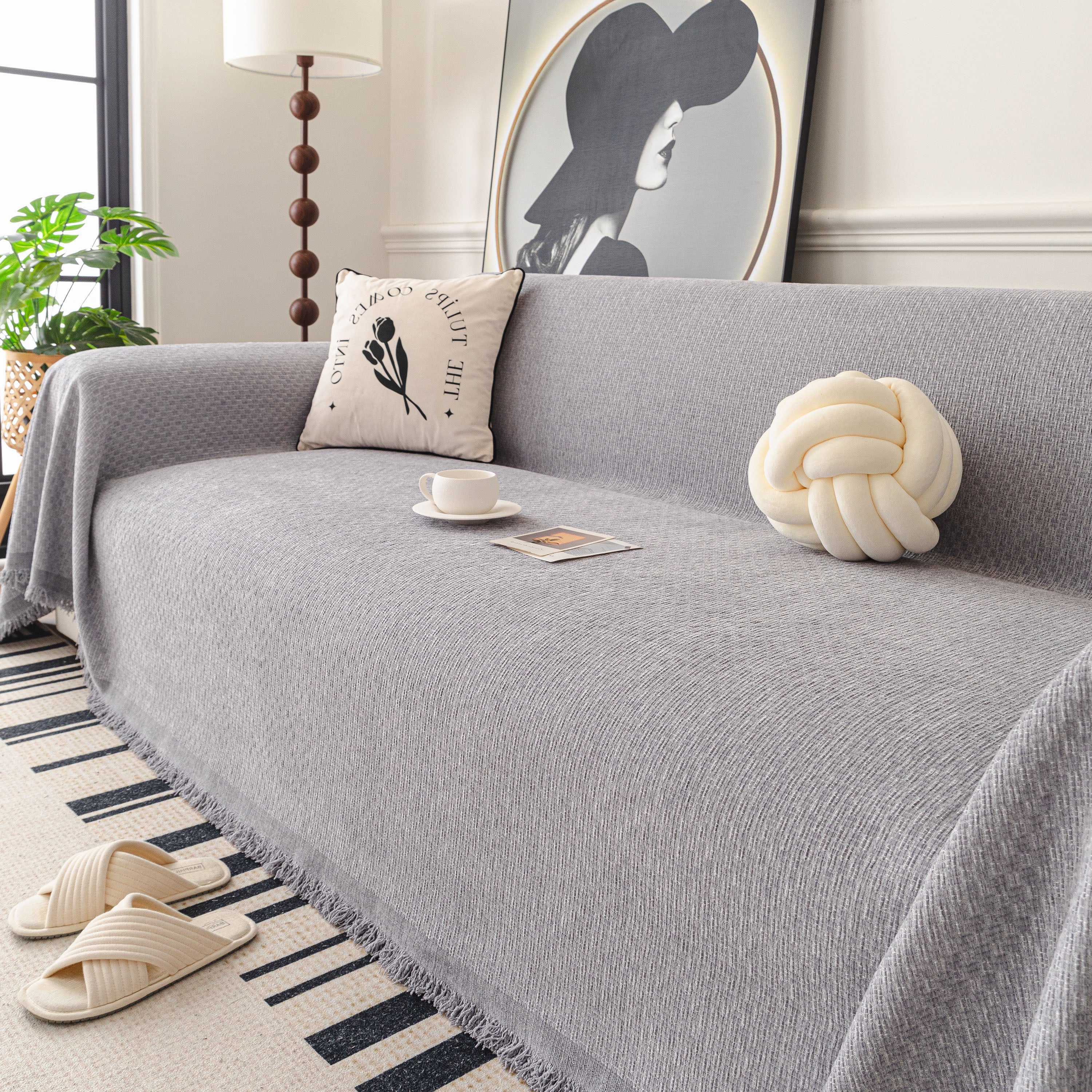 Textured Woven Modern Sofa Cover, Natural Blend Decorative Couch Throw Blanket