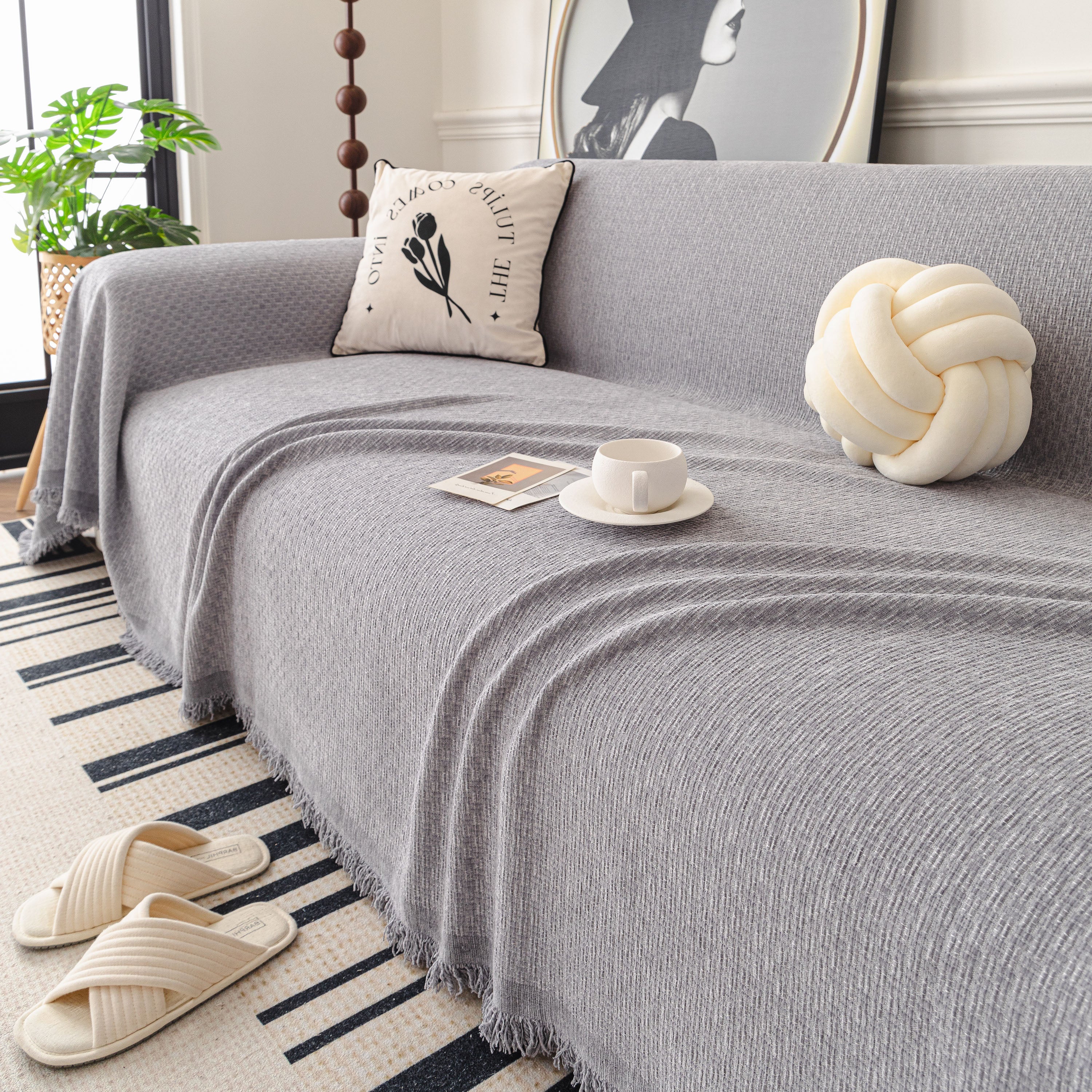 Textured Woven Modern Sofa Cover, Natural Blend Decorative Couch Throw Blanket