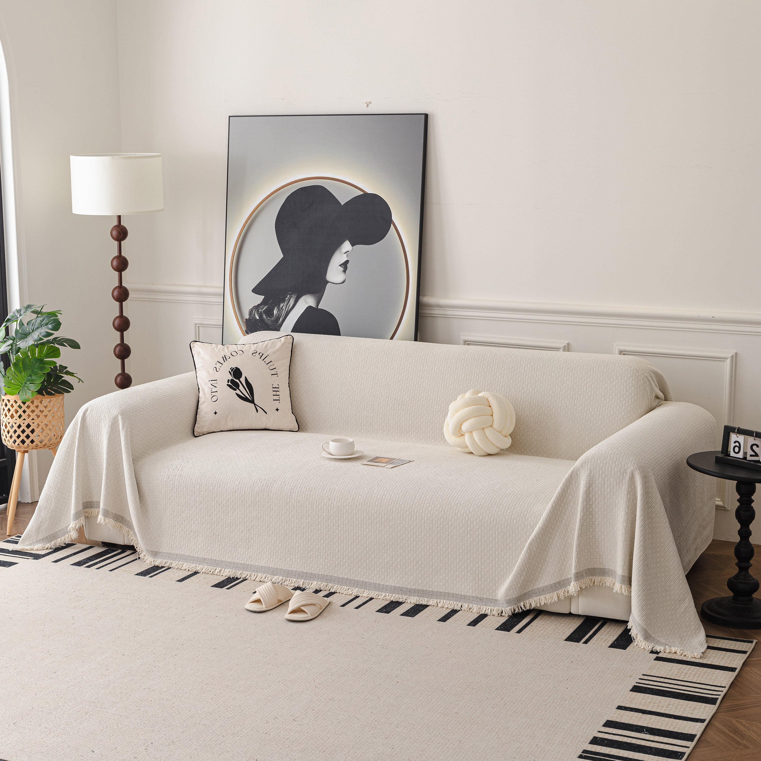 Textured Woven Modern Sofa Cover, Natural Blend Decorative Couch Throw Blanket