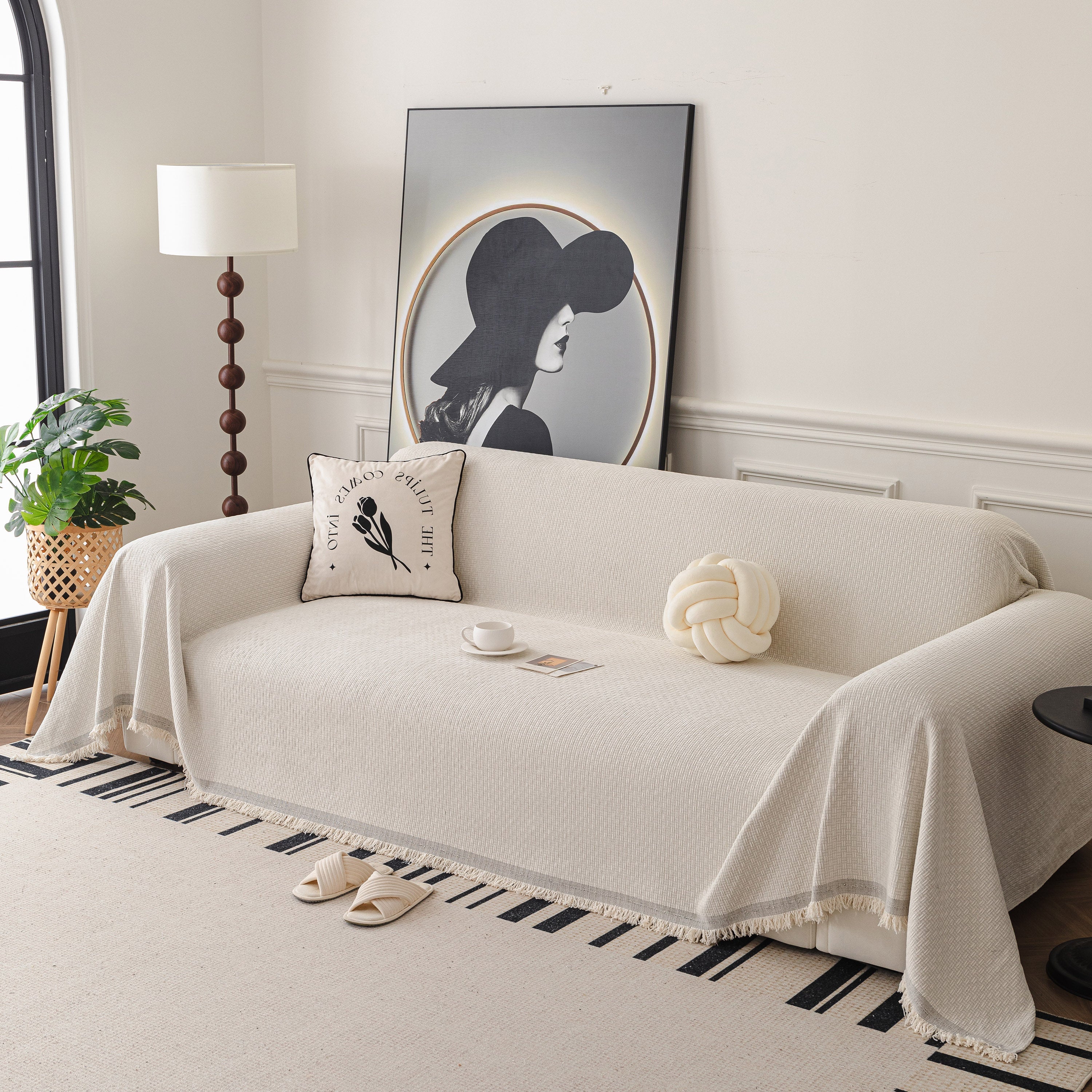 Textured Woven Modern Sofa Cover, Natural Blend Decorative Couch Throw Blanket