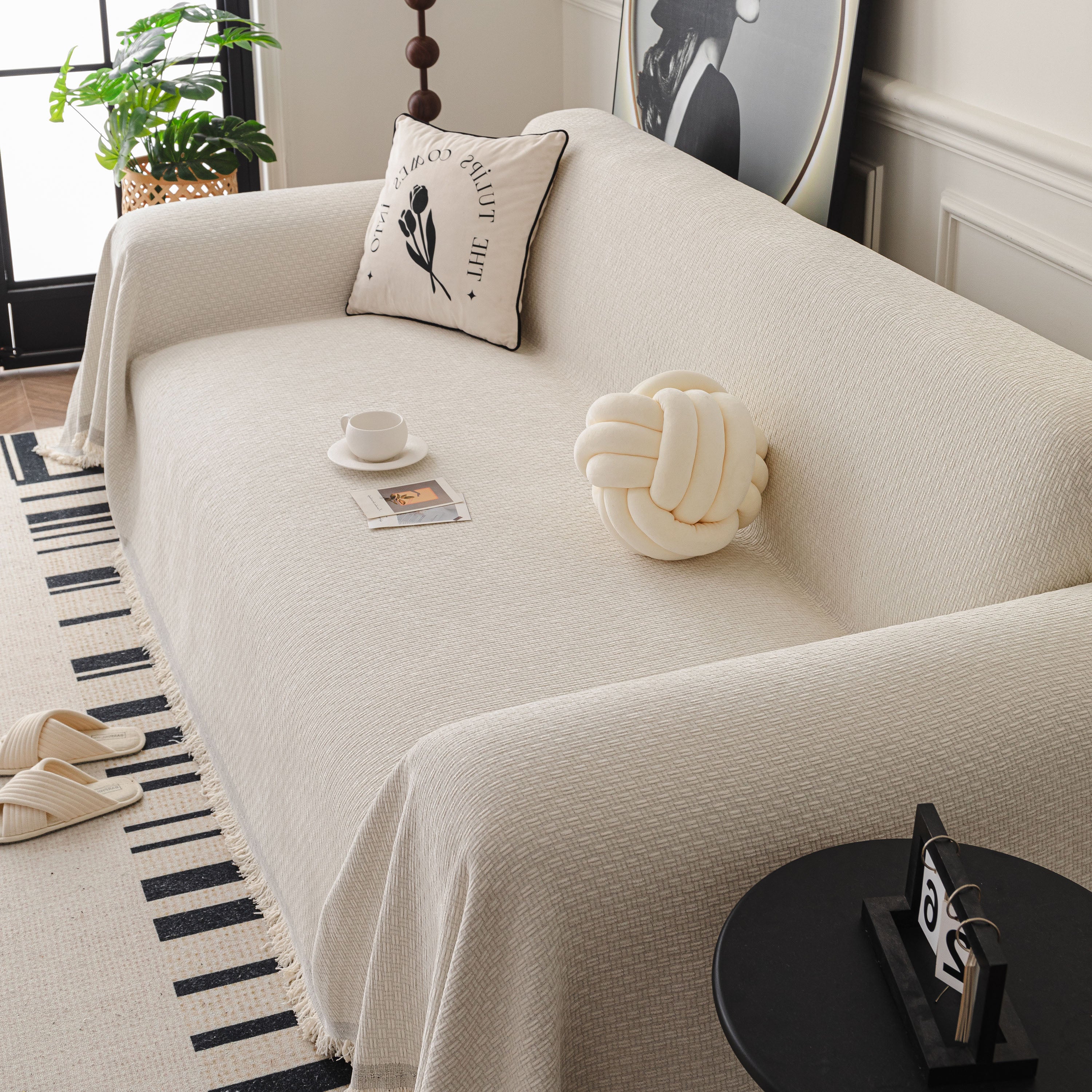 Textured Woven Modern Sofa Cover, Natural Blend Decorative Couch Throw Blanket