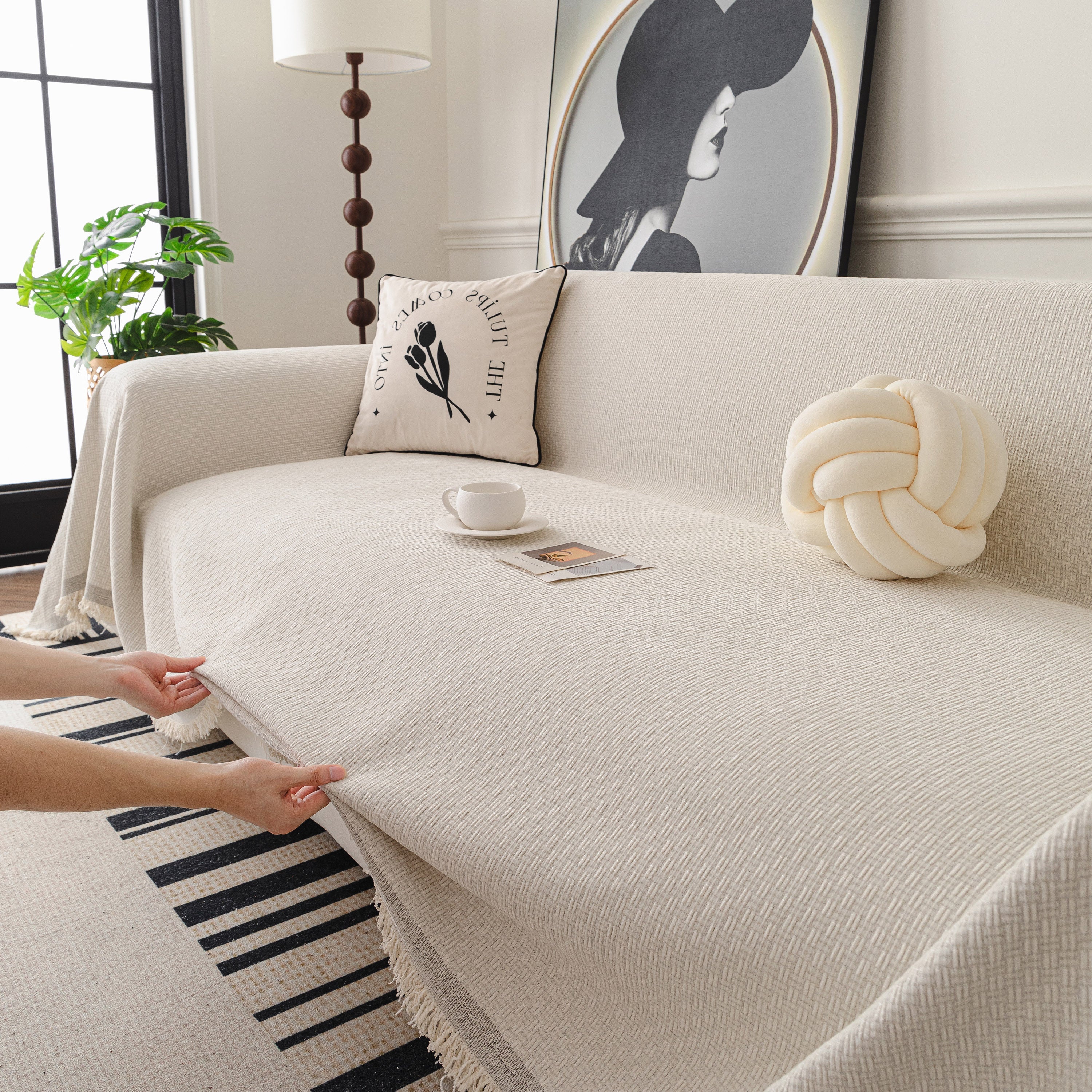 Textured Woven Modern Sofa Cover, Natural Blend Decorative Couch Throw Blanket