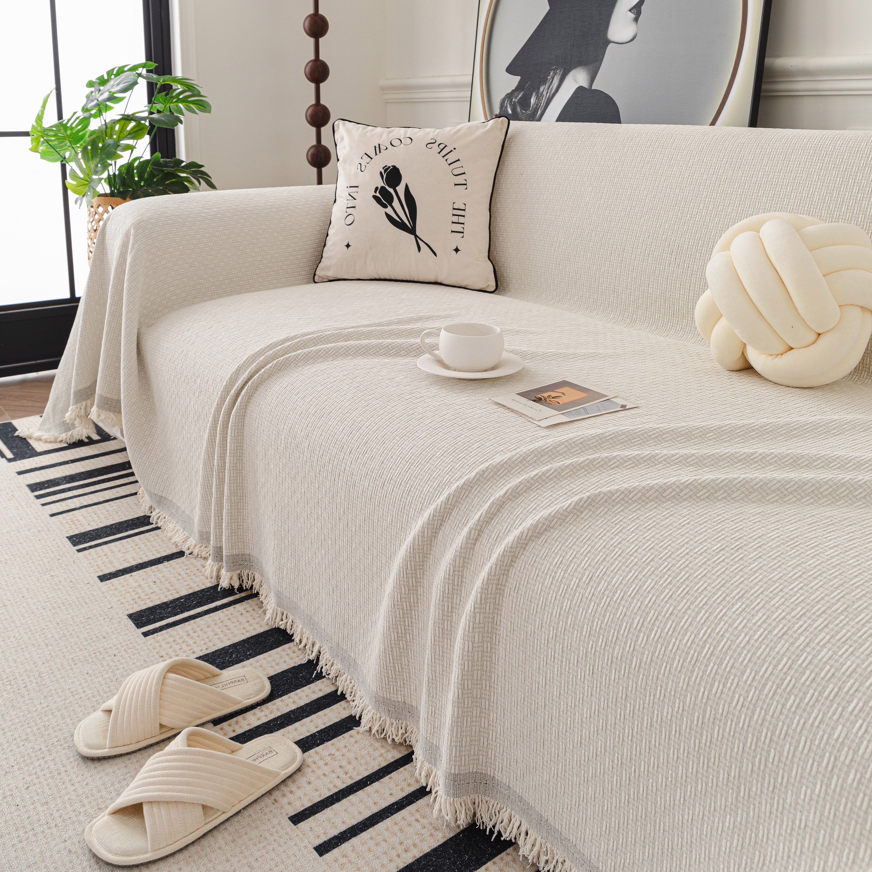 Textured Woven Modern Sofa Cover, Natural Blend Decorative Couch Throw Blanket