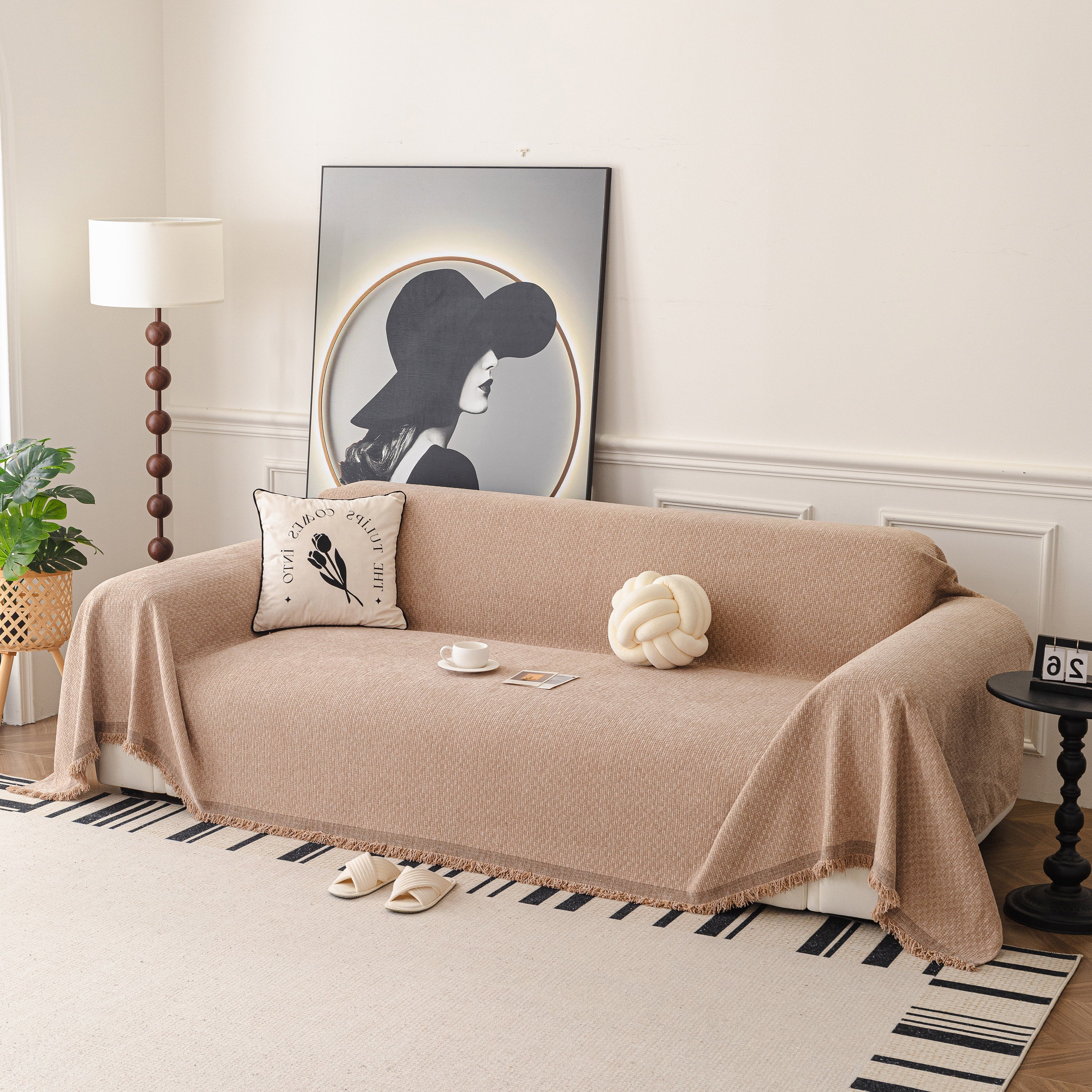 Textured Woven Modern Sofa Cover, Natural Blend Decorative Couch Throw Blanket