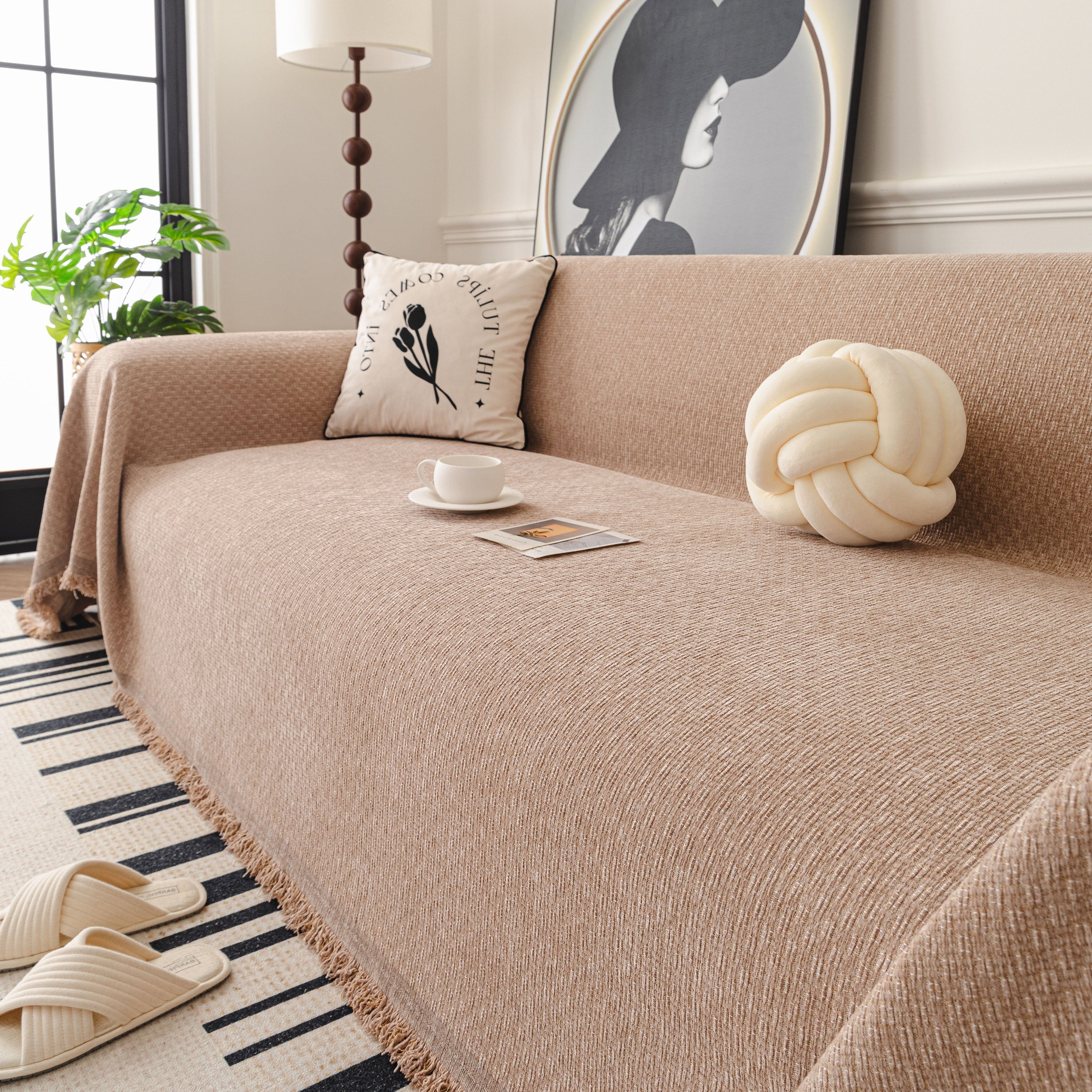 Textured Woven Modern Sofa Cover, Natural Blend Decorative Couch Throw Blanket