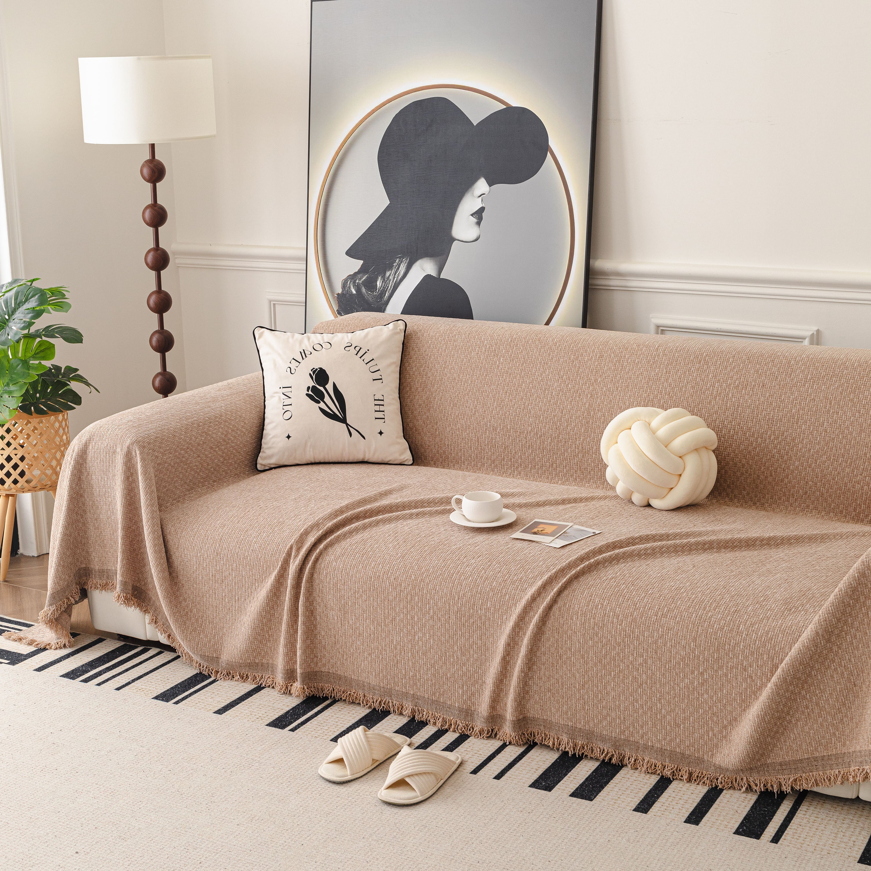 Textured Woven Modern Sofa Cover, Natural Blend Decorative Couch Throw Blanket