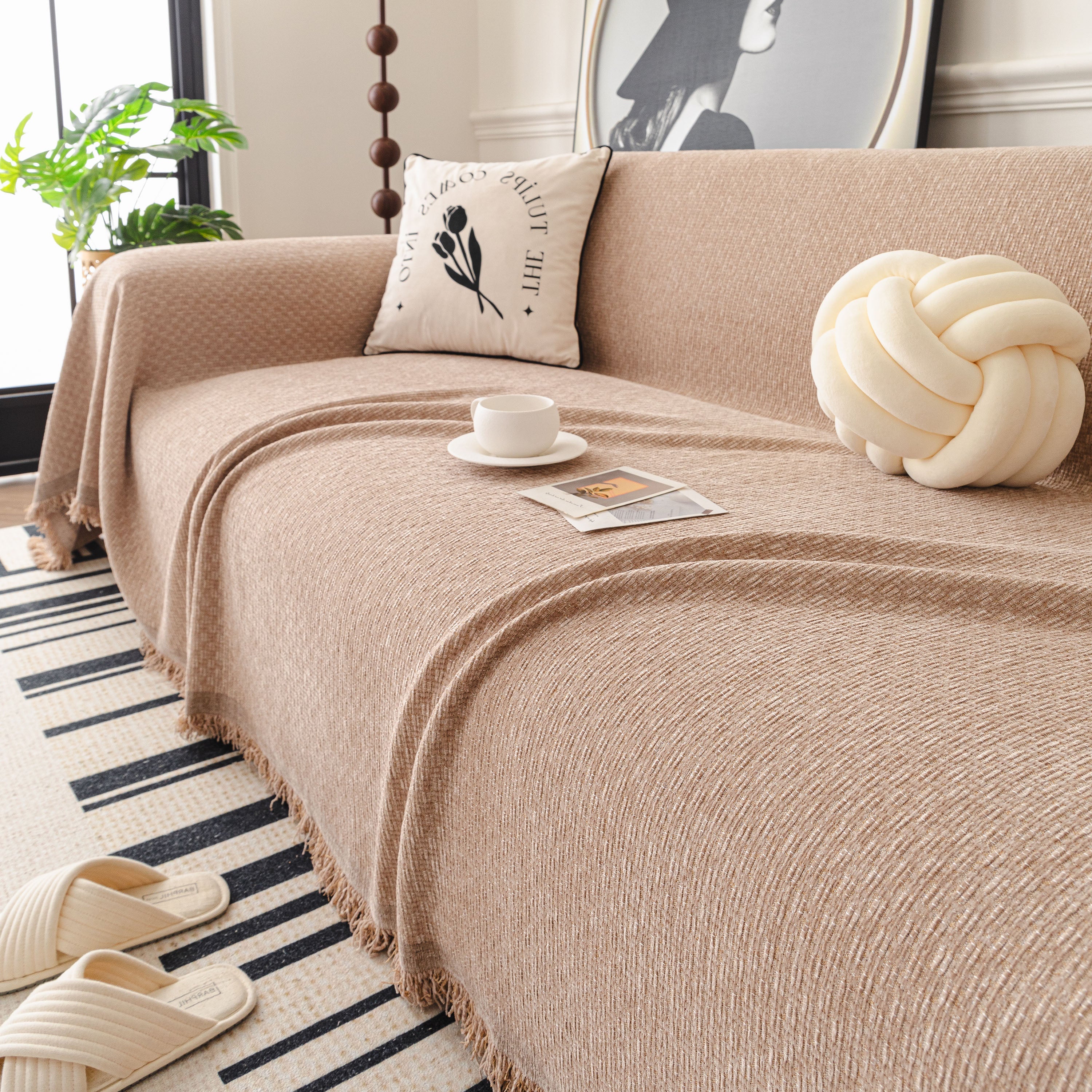 Textured Woven Modern Sofa Cover, Natural Blend Decorative Couch Throw Blanket