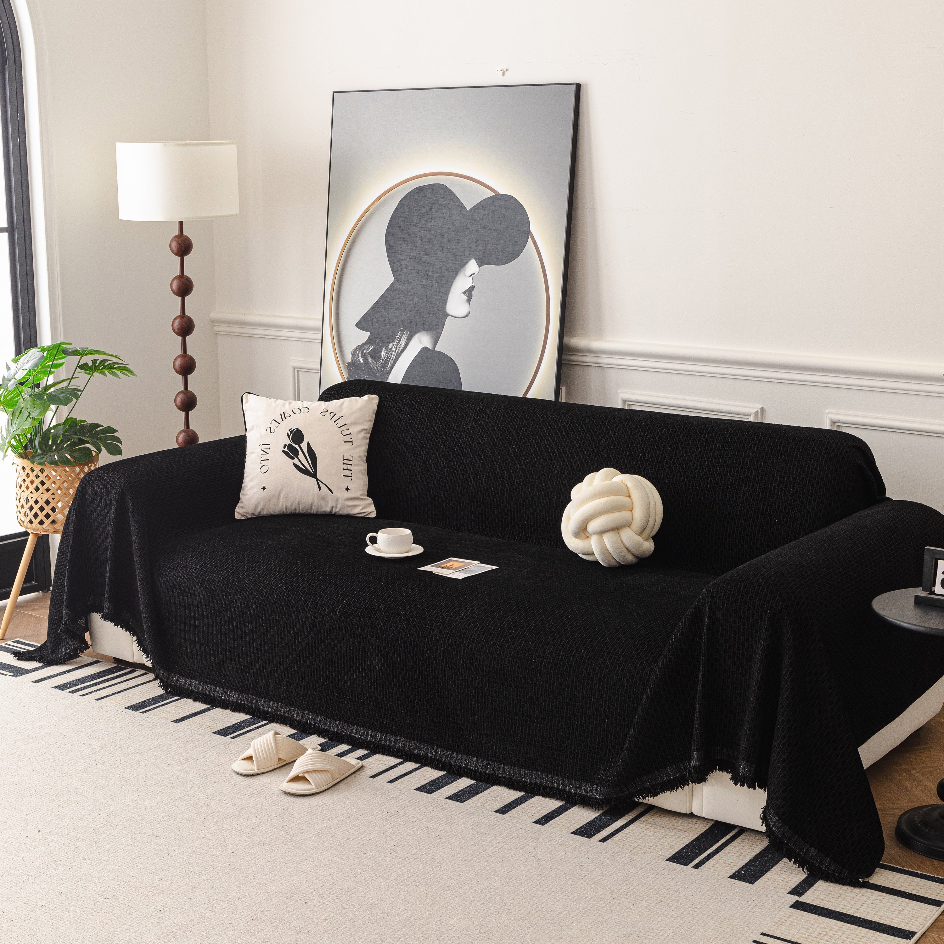 Textured Woven Modern Sofa Cover, Natural Blend Decorative Couch Throw Blanket