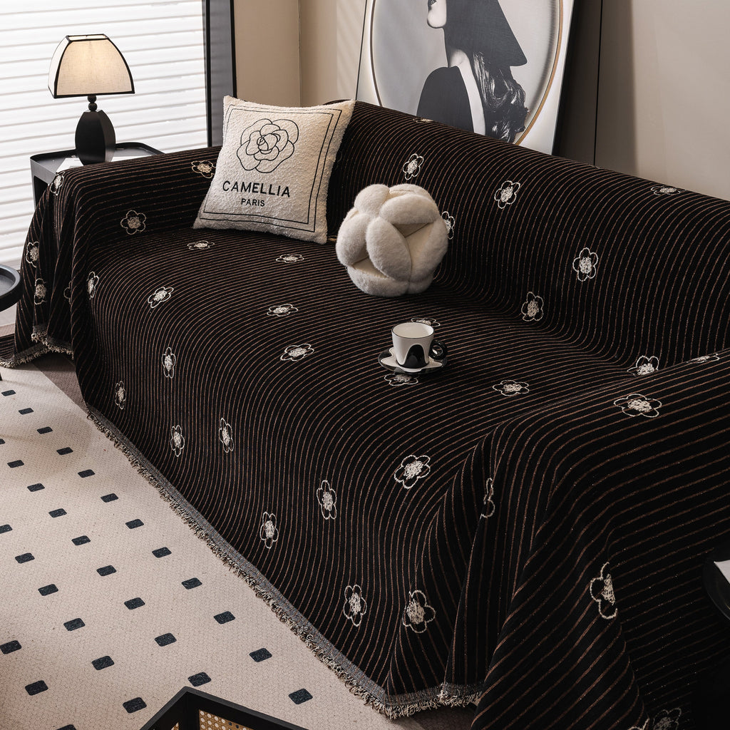 Chenille Camellia Floral Sofa Throw Cover Couch Blanket with Striped Jacquard