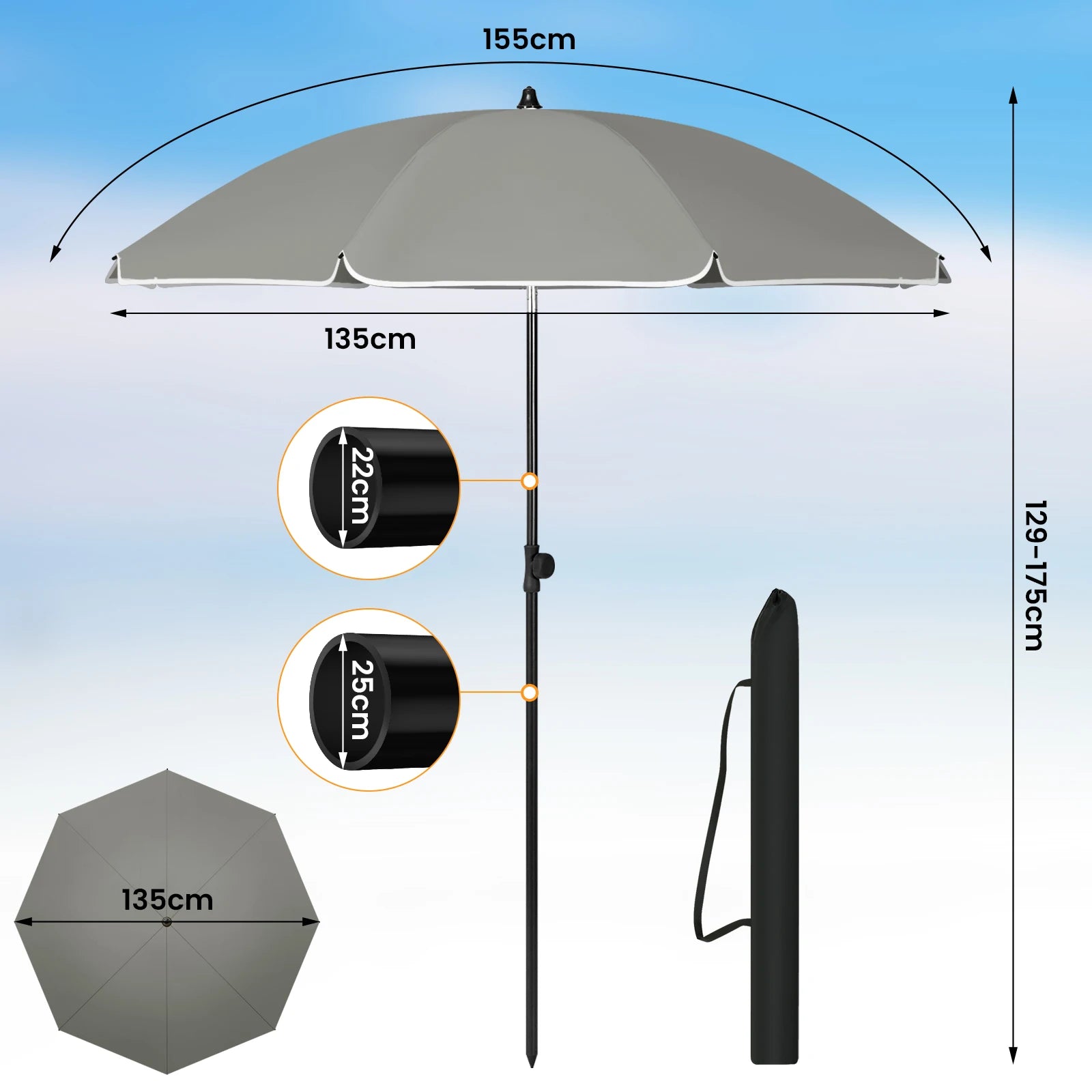 WOLTU Round Beach Balcony Umbrella UV-Resistant Waterproof Height-Adjustable 45°Bendable Parasol for Sun Protection Garden Patio