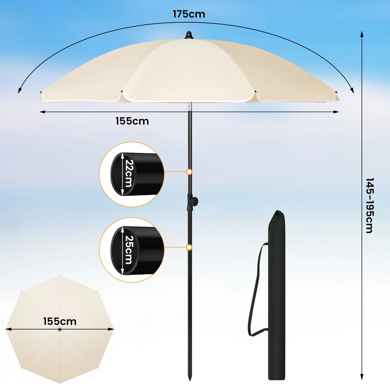 WOLTU Round Beach Balcony Umbrella UV-Resistant Waterproof Height-Adjustable 45°Bendable Parasol for Sun Protection Garden Patio