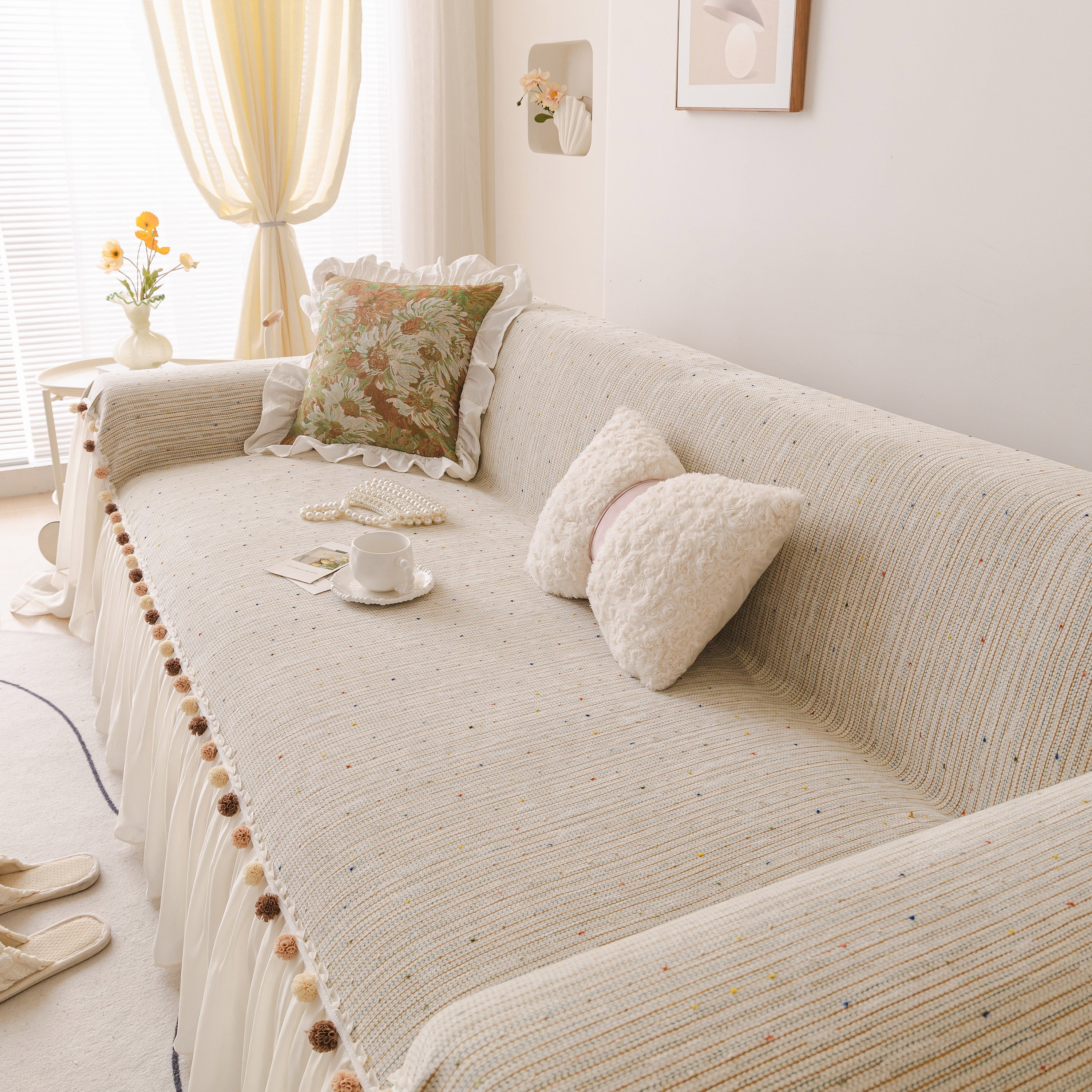 Boho Couch Cover with Knitted Stripes, Chiffon Skirt & Pom Fringe, Pet-Friendly Throw