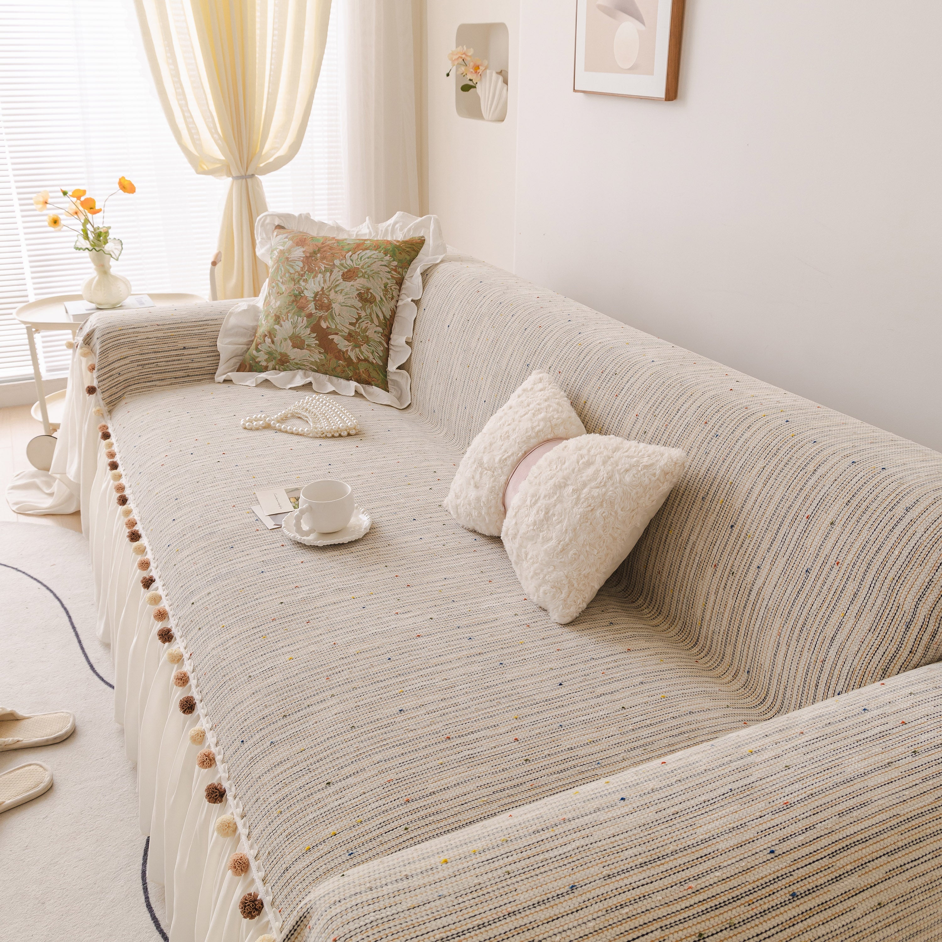 Boho Couch Cover with Knitted Stripes, Chiffon Skirt & Pom Fringe, Pet-Friendly Throw