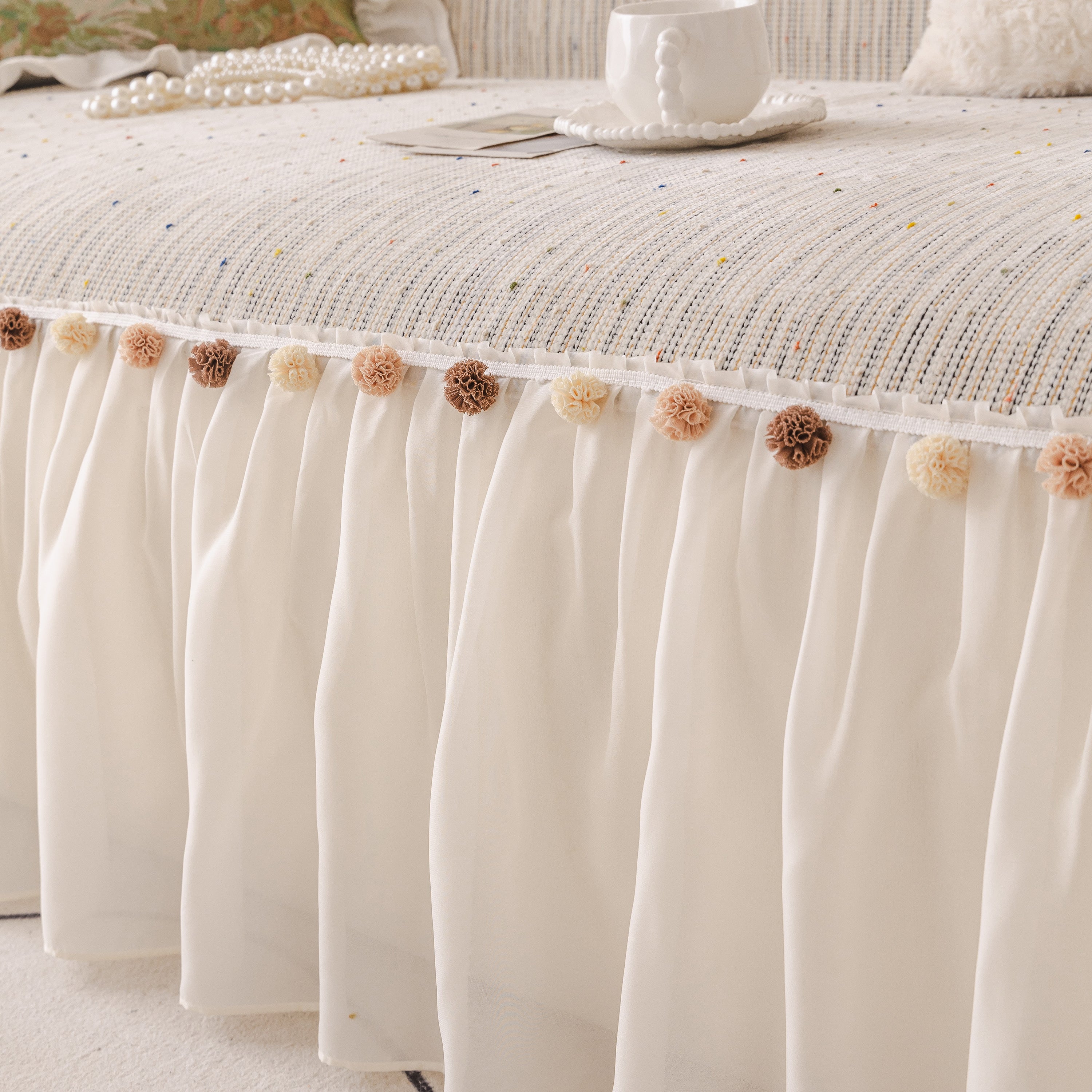 Boho Couch Cover with Knitted Stripes, Chiffon Skirt & Pom Fringe, Pet-Friendly Throw