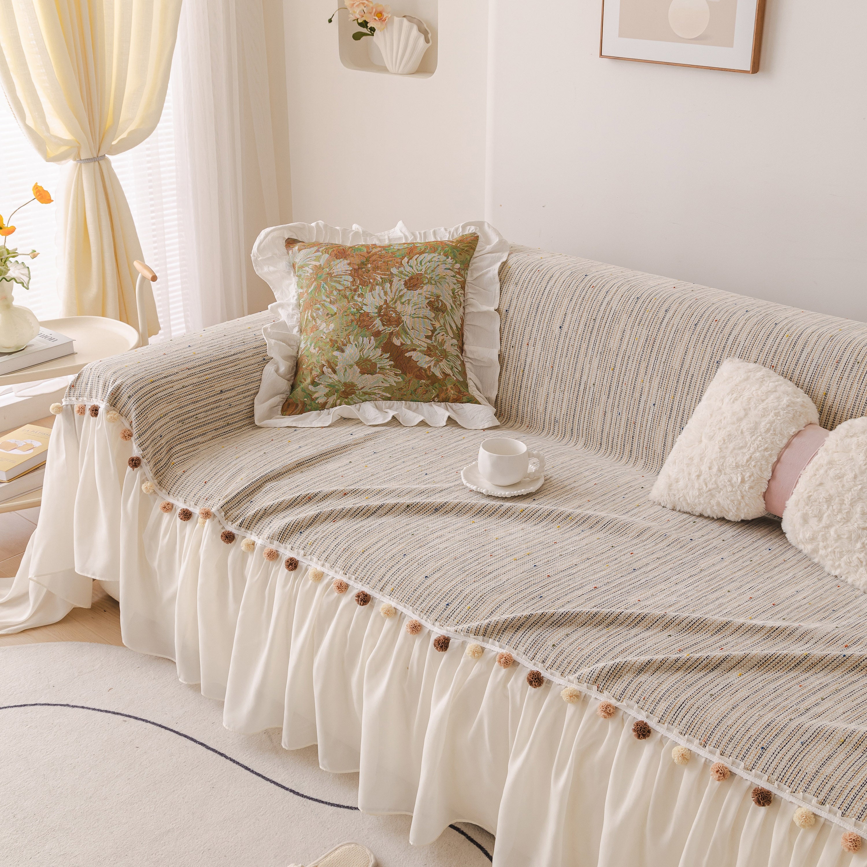 Boho Couch Cover with Knitted Stripes, Chiffon Skirt & Pom Fringe, Pet-Friendly Throw