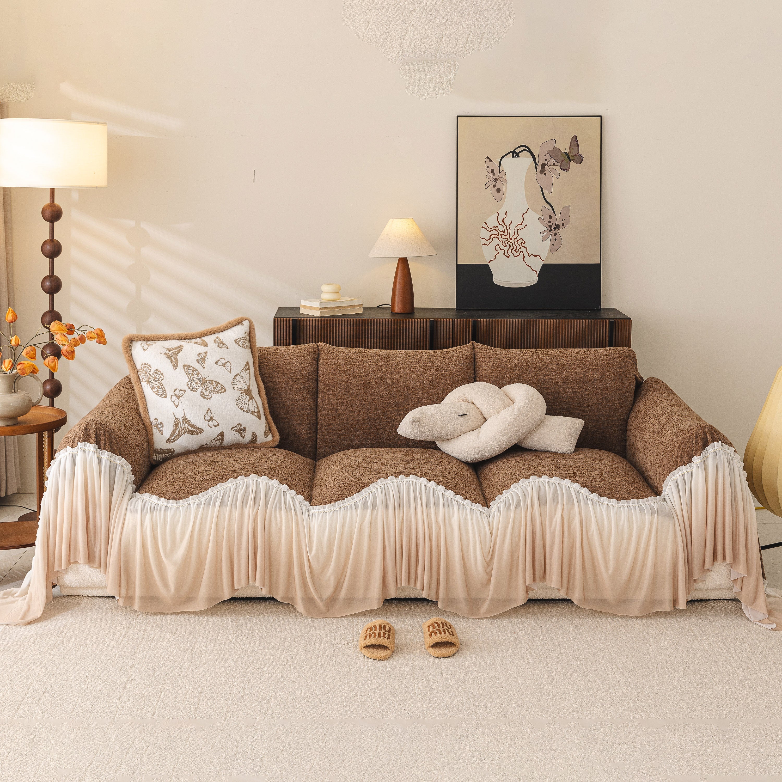 Luxury Sofa Throw Cover with Elegant Ruffled Skirt, Soft Decorative Couch Protector