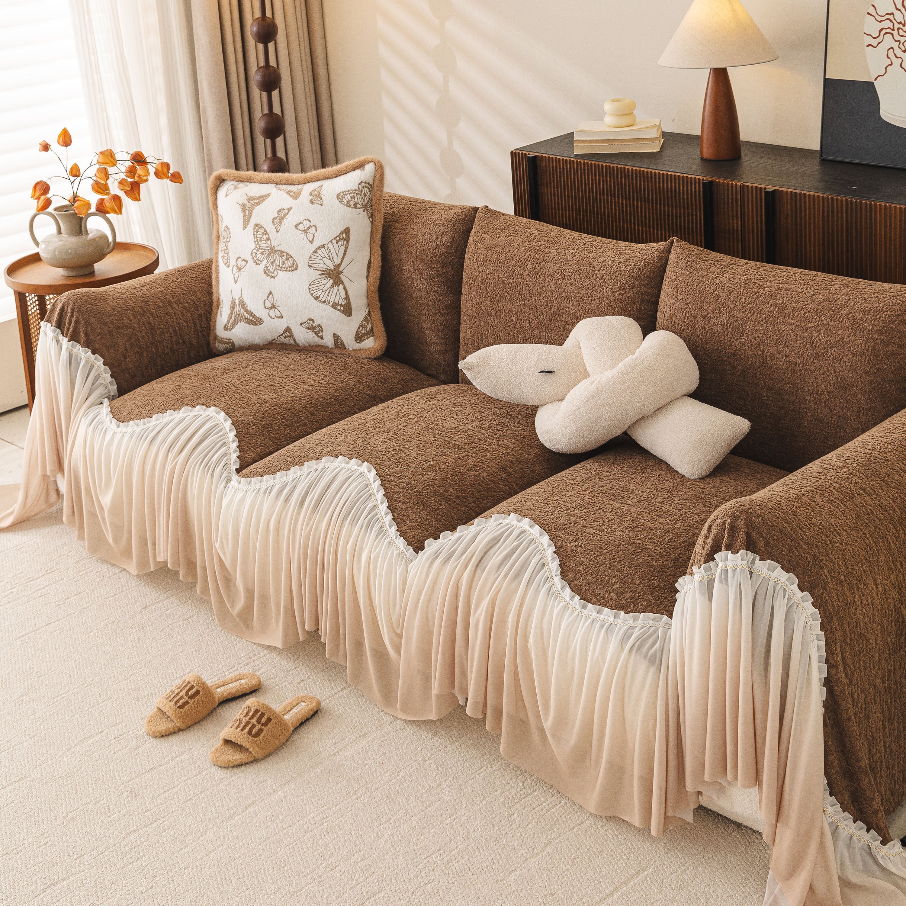 Luxury Sofa Throw Cover with Elegant Ruffled Skirt, Soft Decorative Couch Protector
