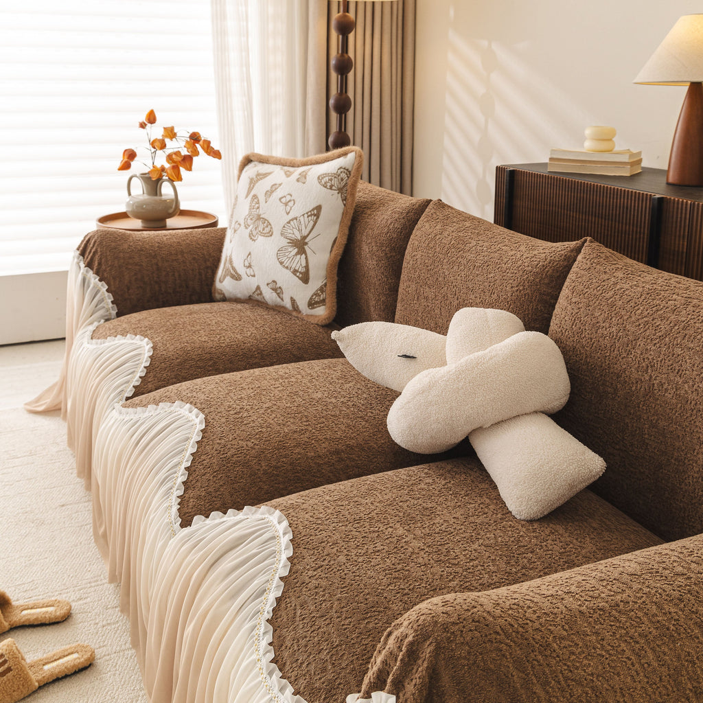 Luxury Sofa Throw Cover with Elegant Ruffled Skirt, Soft Decorative Couch Protector