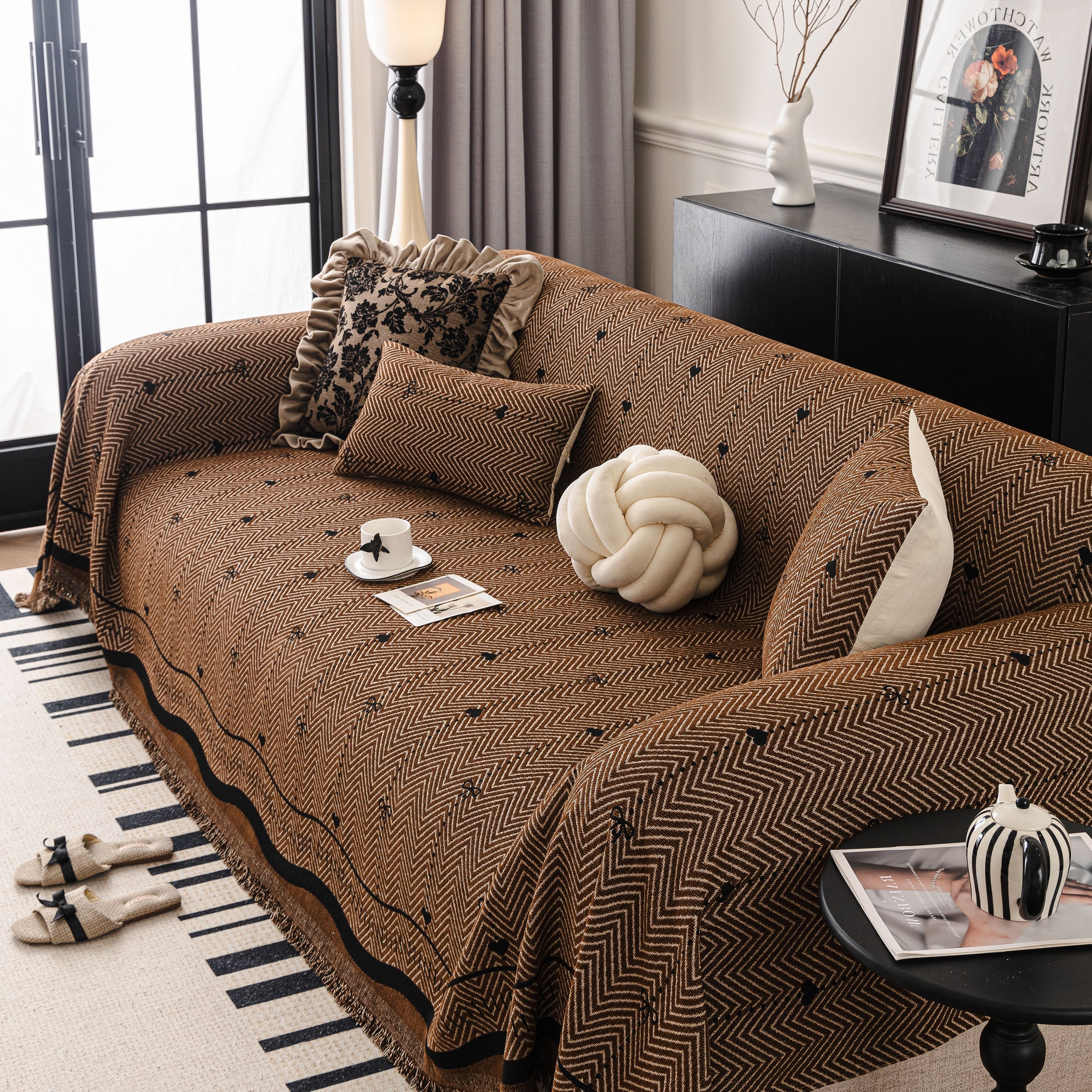 Chenille Couch Throw Cover Decorative Herringbone Sofa Blanket Protector for Couch