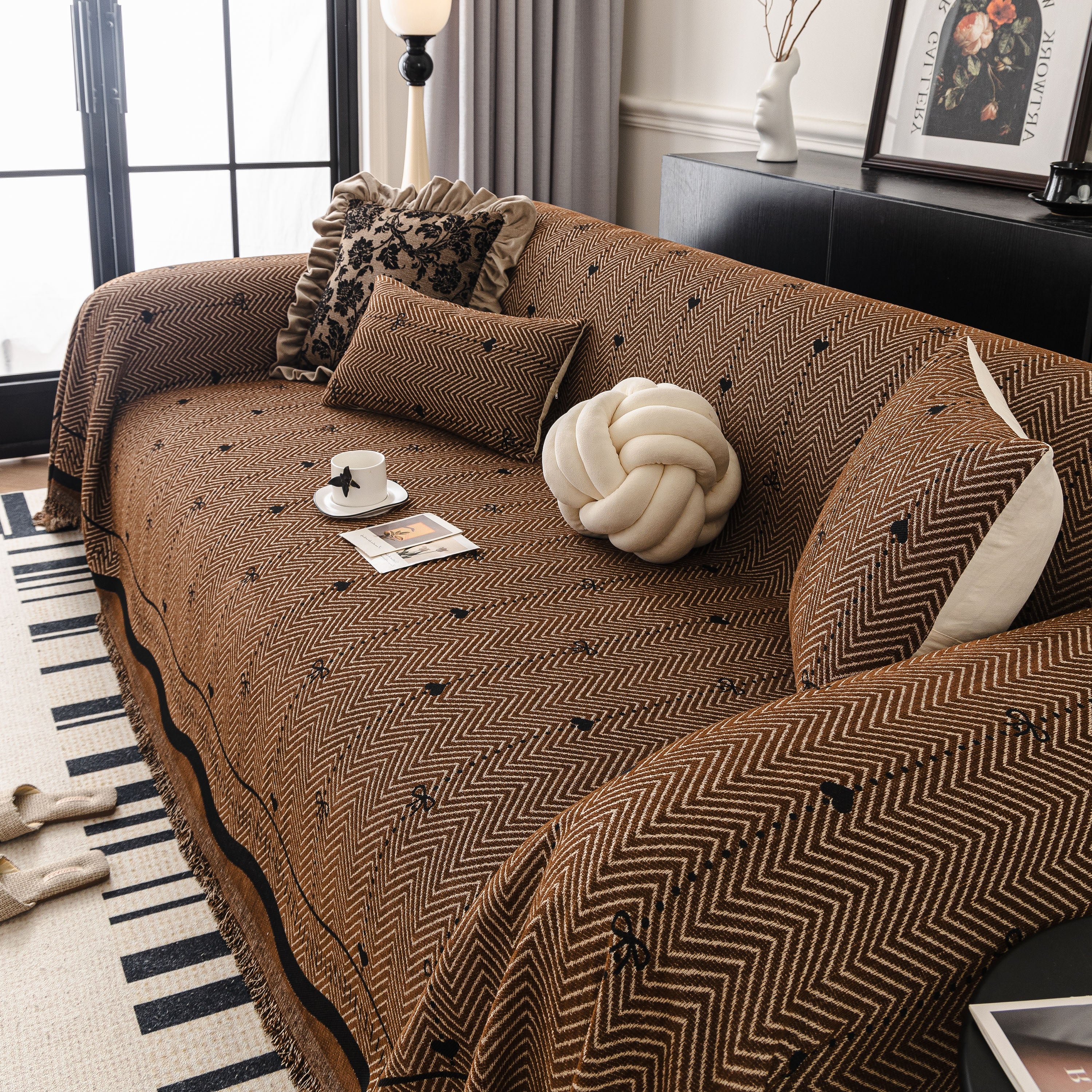 Chenille Couch Throw Cover Decorative Herringbone Sofa Blanket Protector for Couch