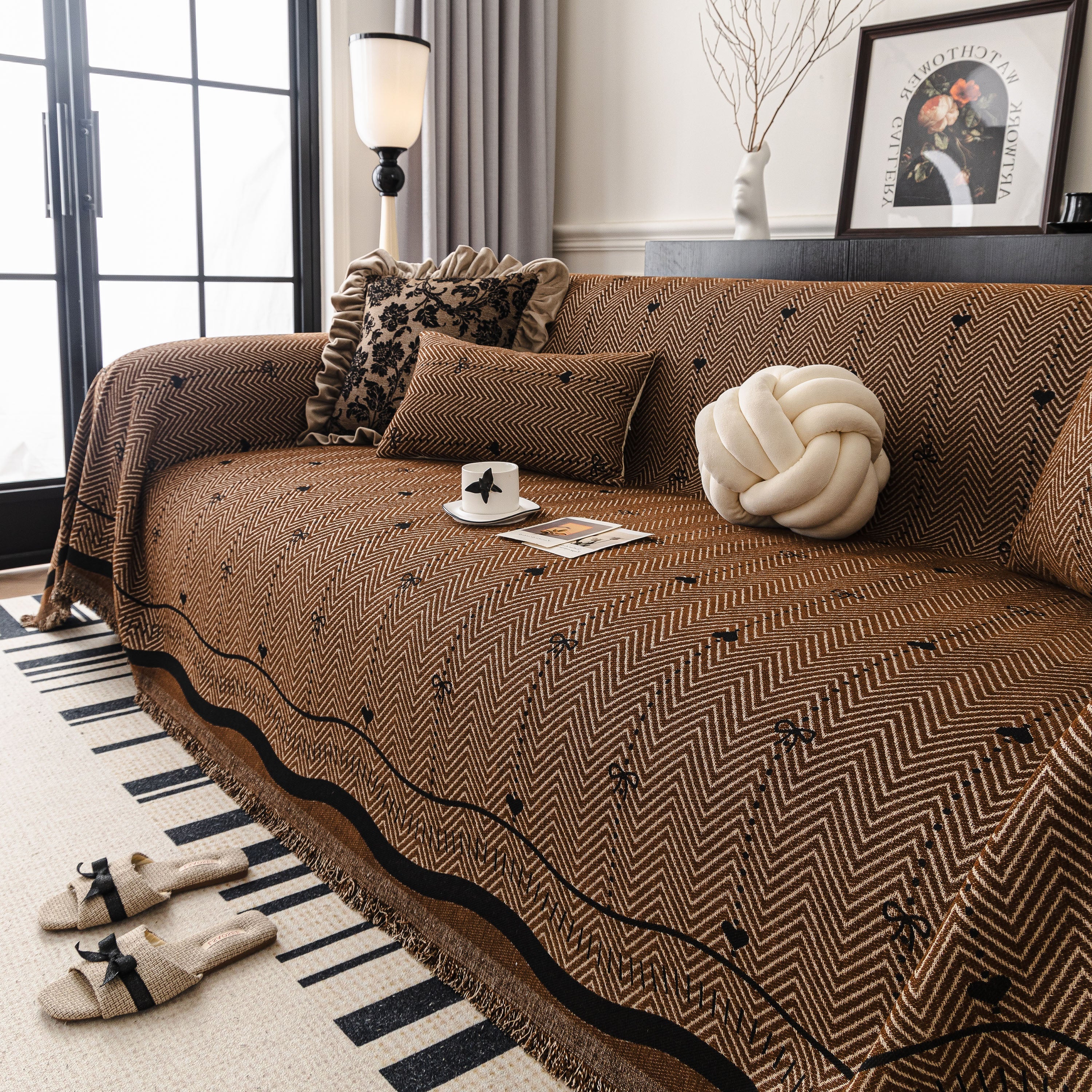 Chenille Couch Throw Cover Decorative Herringbone Sofa Blanket Protector for Couch