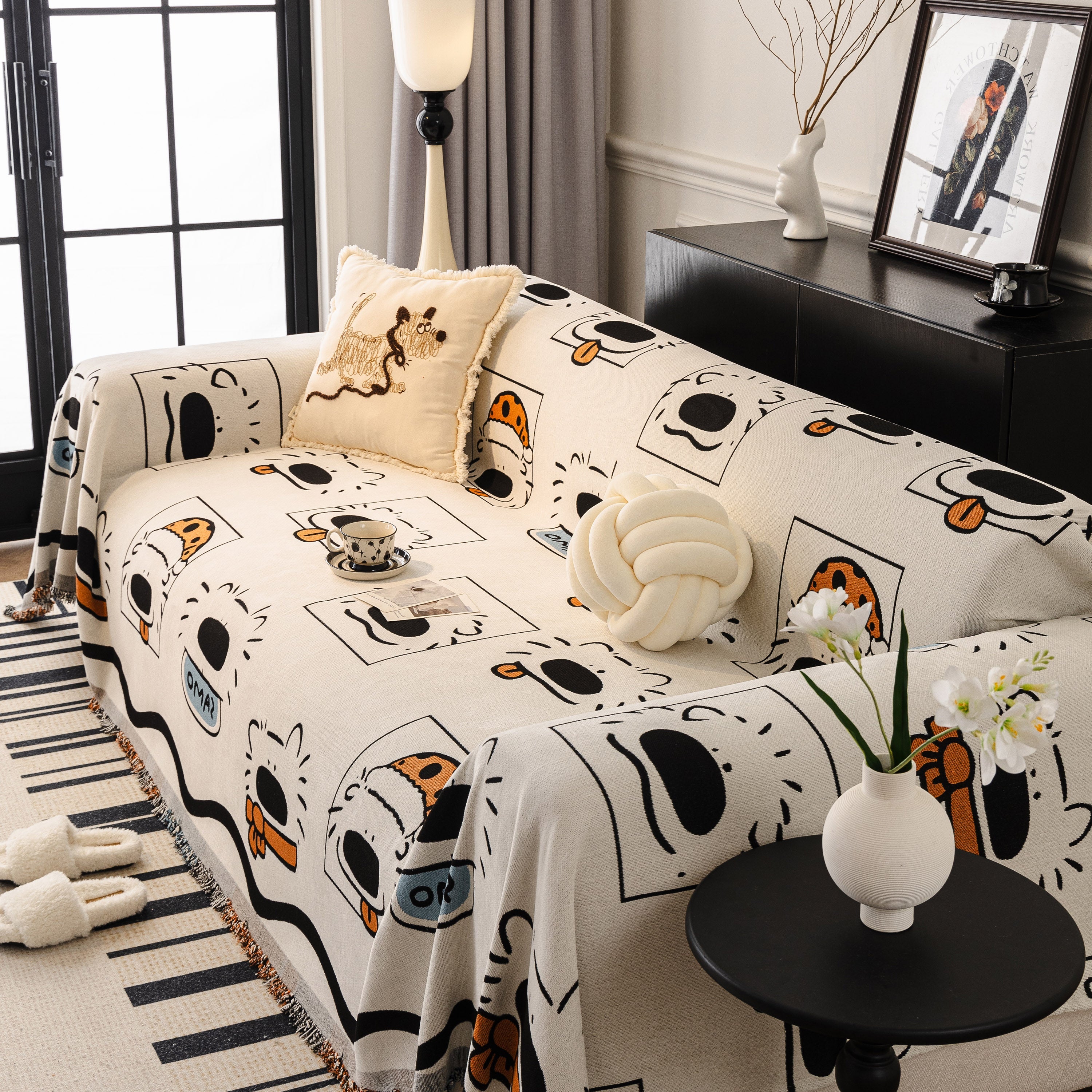 Cute Chenille Couch Cover Throw, Cartoon Soft Washable Sofa Cover for Sectional Sofas