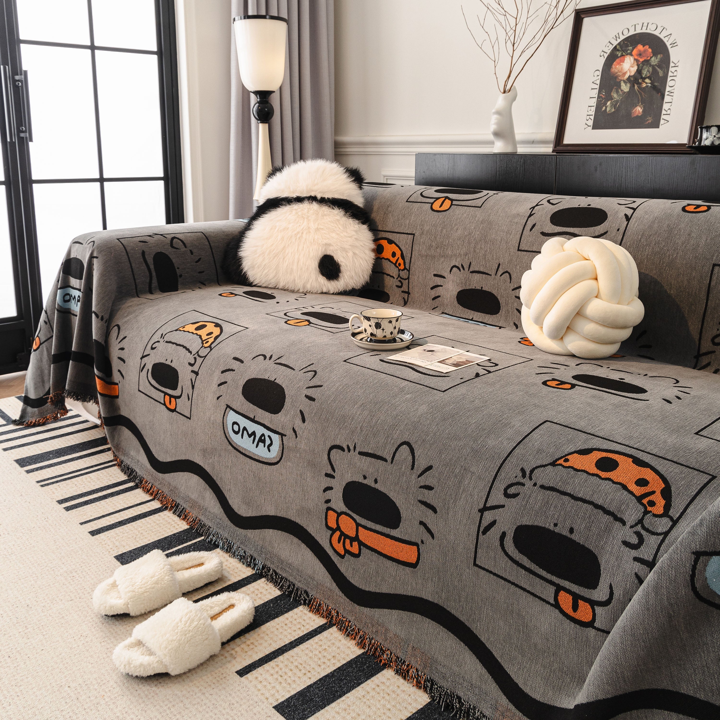 Cute Chenille Couch Cover Throw, Cartoon Soft Washable Sofa Cover for Sectional Sofas