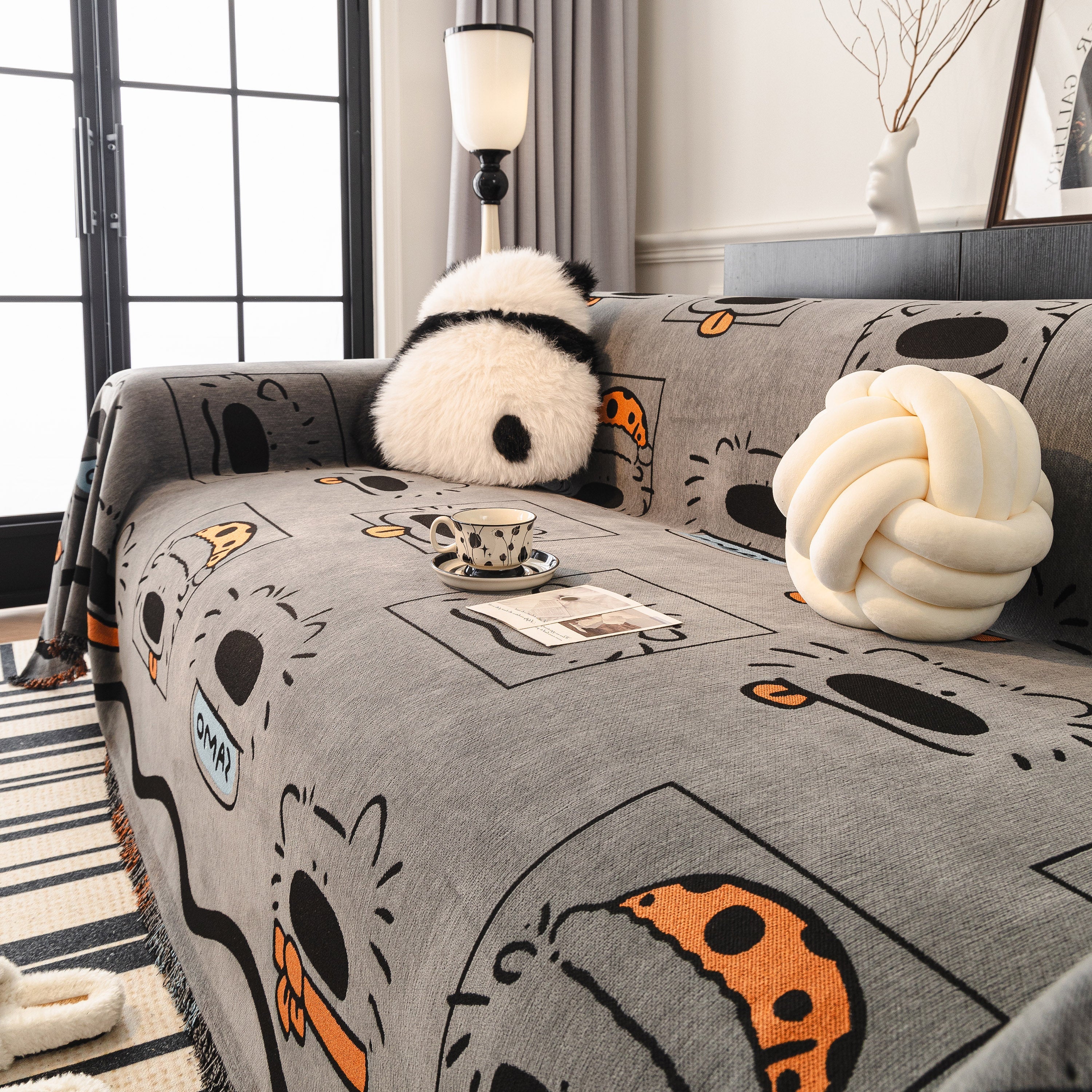 Cute Chenille Couch Cover Throw, Cartoon Soft Washable Sofa Cover for Sectional Sofas