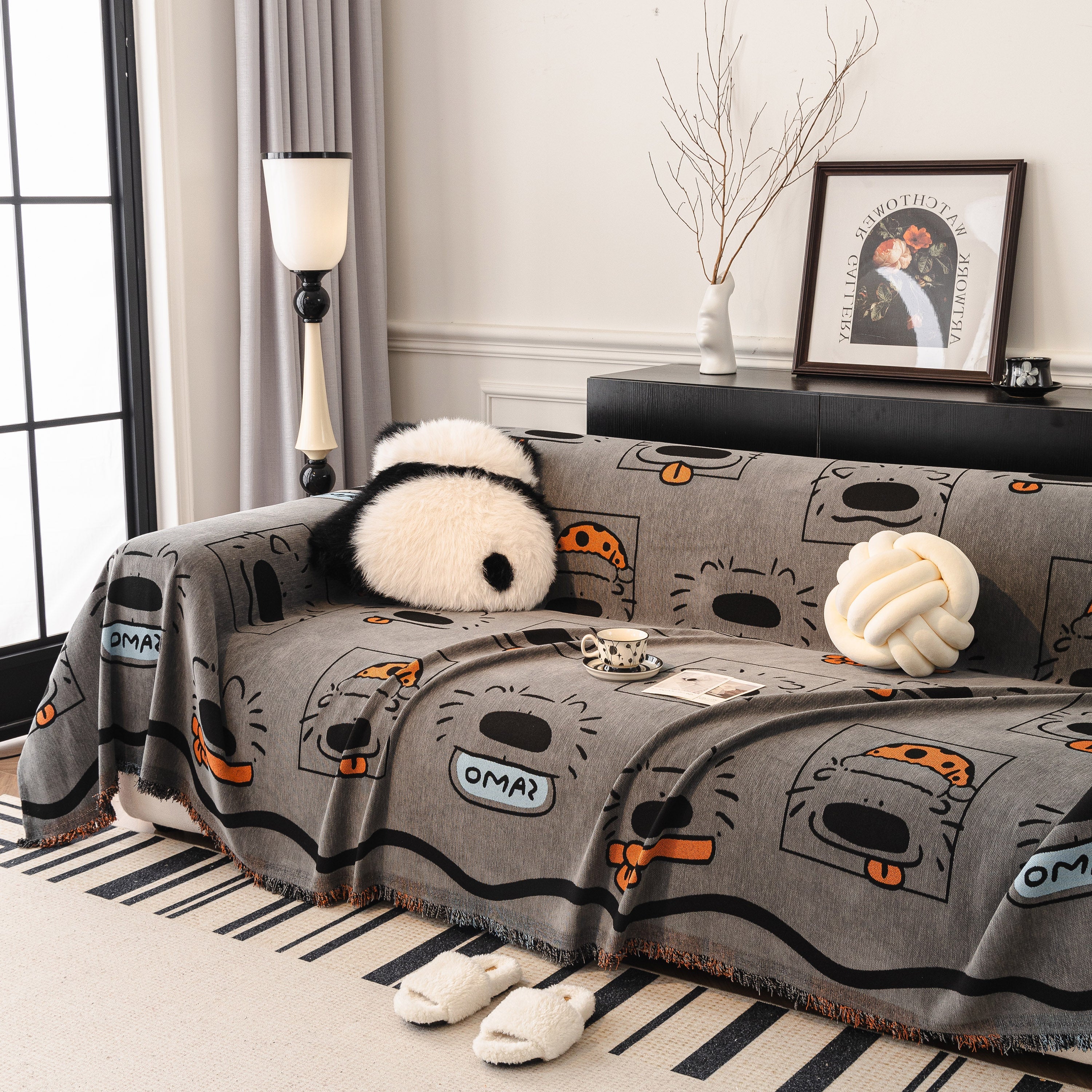 Cute Chenille Couch Cover Throw, Cartoon Soft Washable Sofa Cover for Sectional Sofas