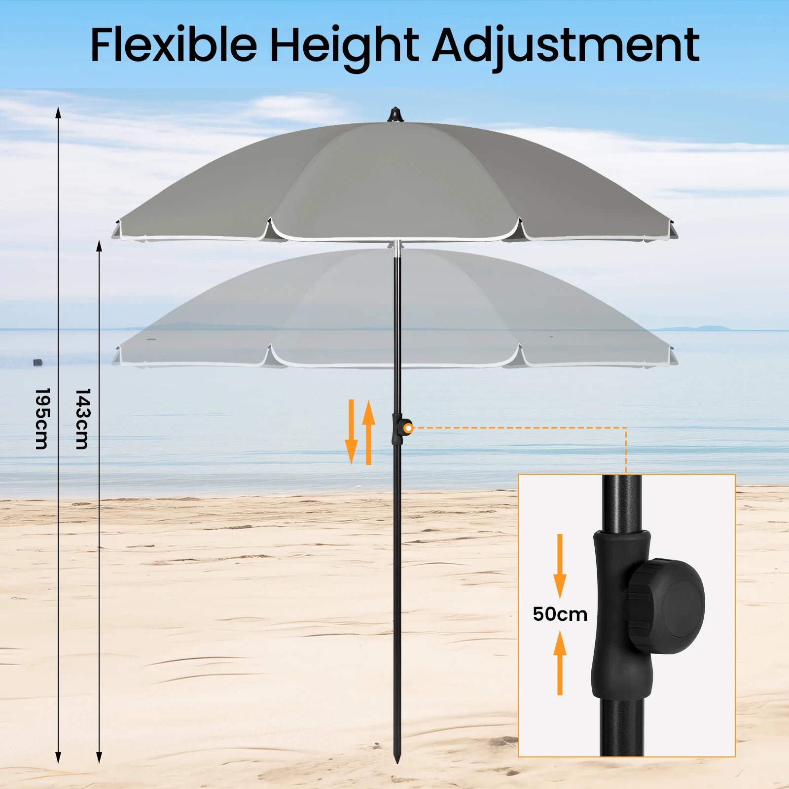 WOLTU Round Beach Balcony Umbrella UV-Resistant Waterproof Height-Adjustable 45°Bendable Parasol for Sun Protection Garden Patio