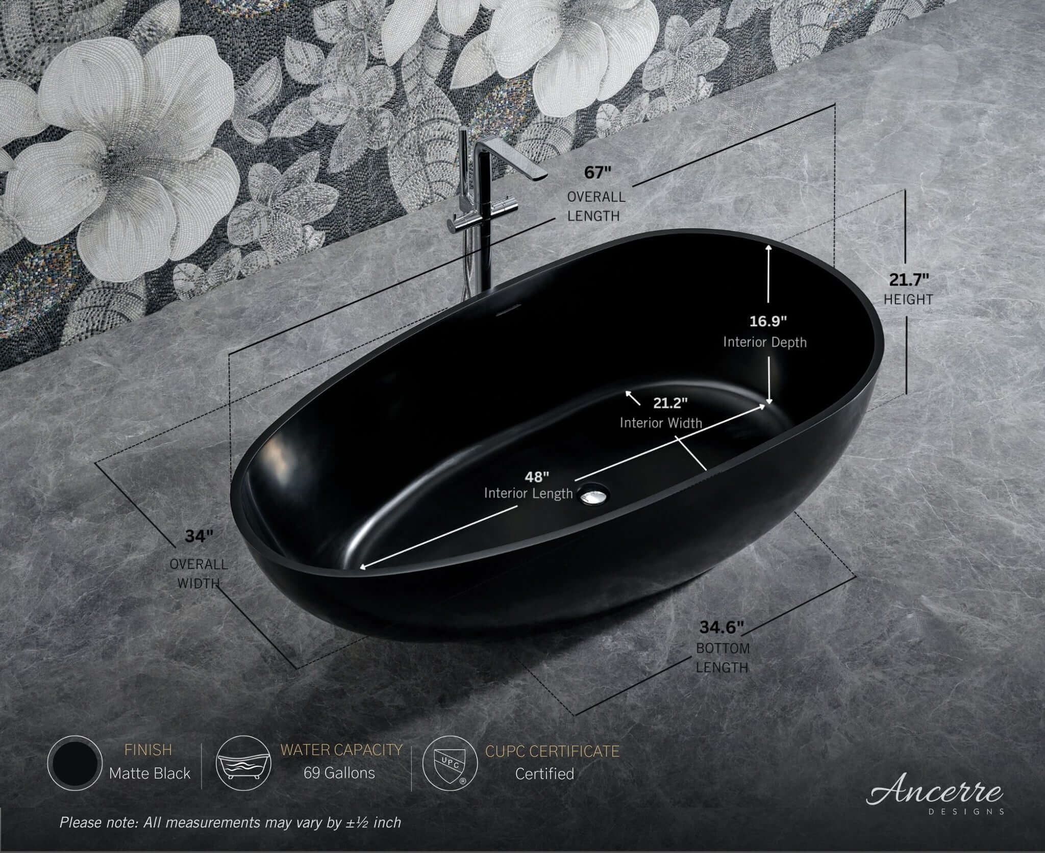 Arden 67” Freestanding Solid Surface Bathtub
