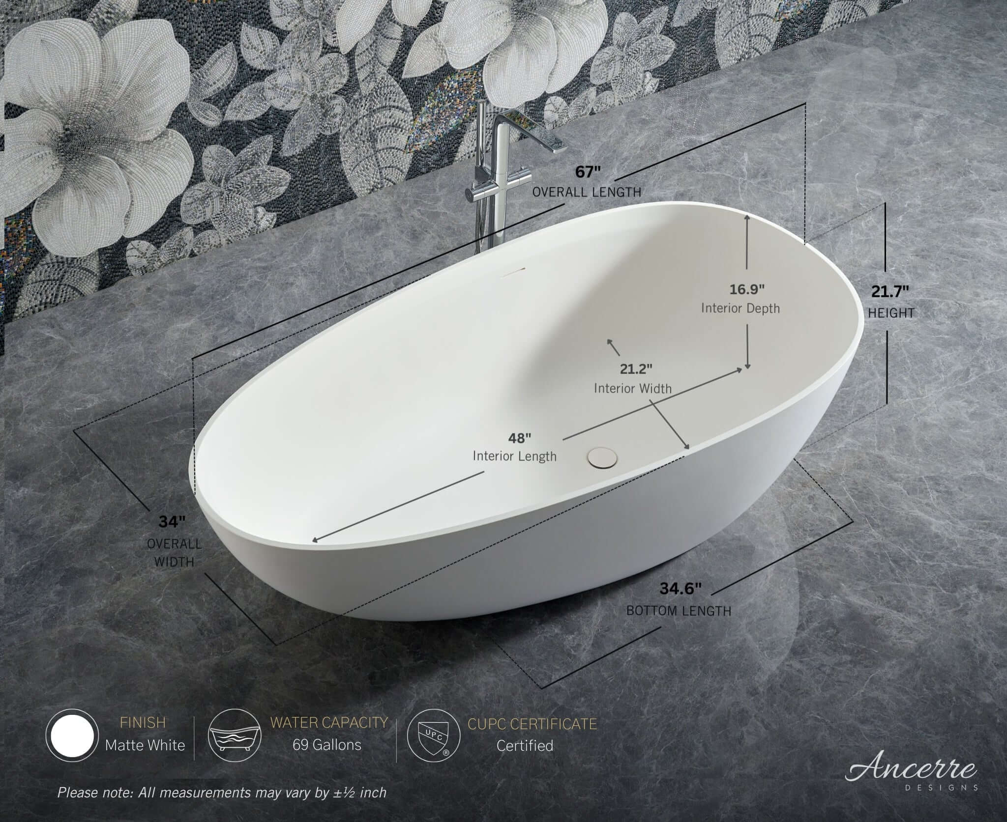 Arden 67” Freestanding Solid Surface Bathtub
