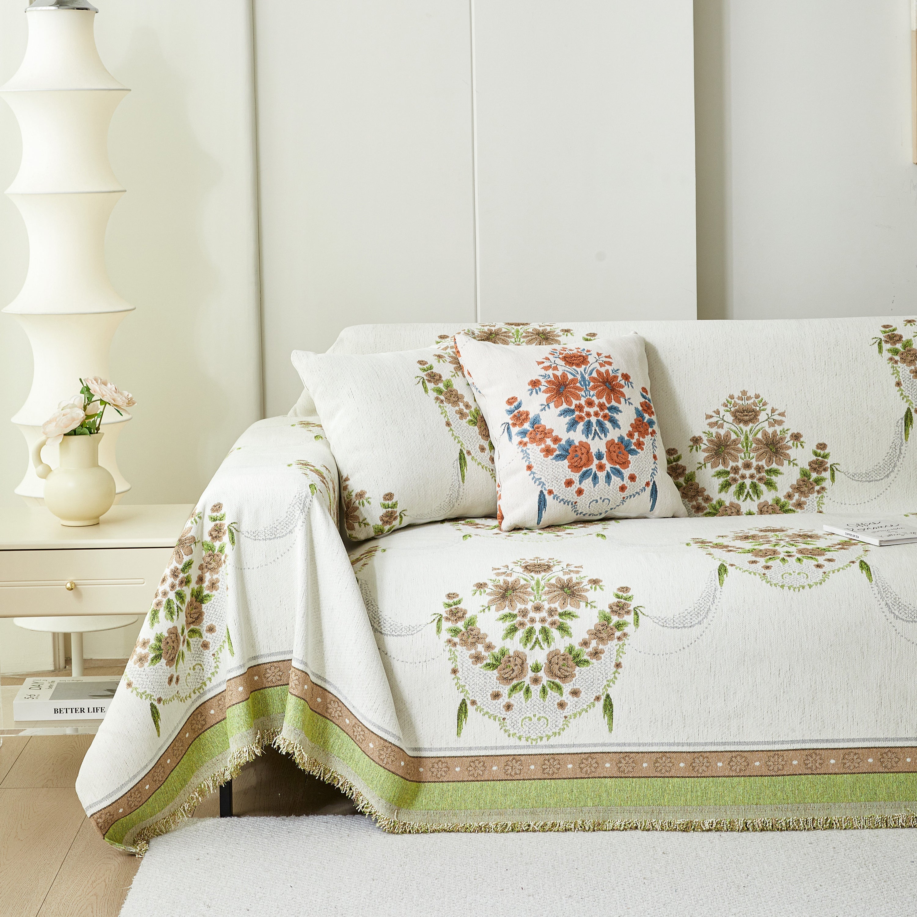 Charming French Country Floral Basket Sofa Throw Cover Rustic Farmhouse-Style Couch Cover Blankets