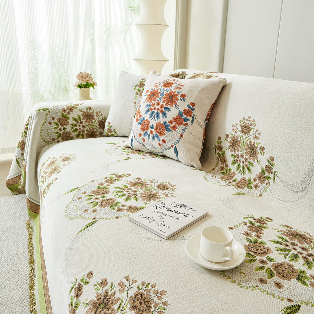 Charming French Country Floral Basket Sofa Throw Cover Rustic Farmhouse-Style Couch Cover Blankets