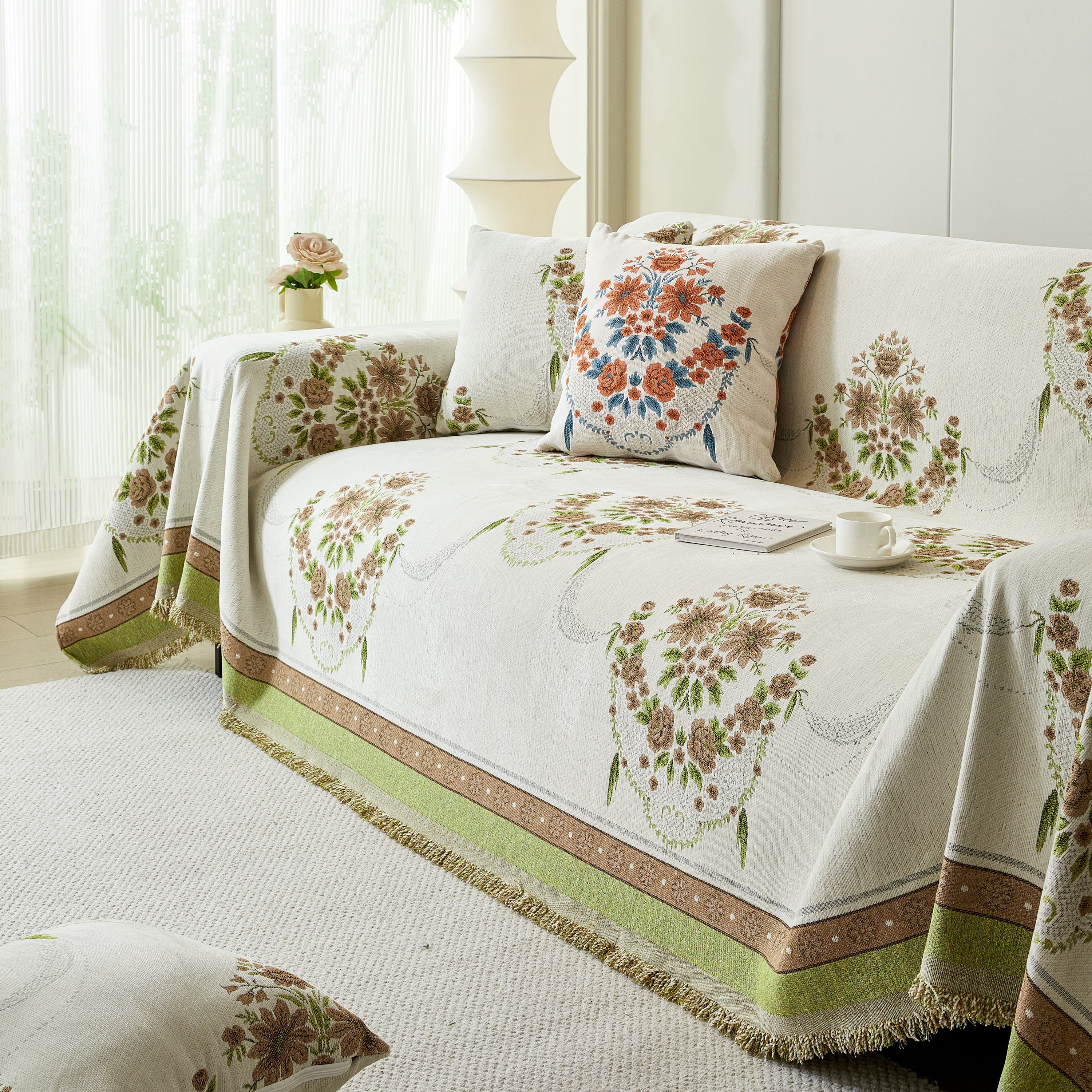 Charming French Country Floral Basket Sofa Throw Cover Rustic Farmhouse-Style Couch Cover Blankets