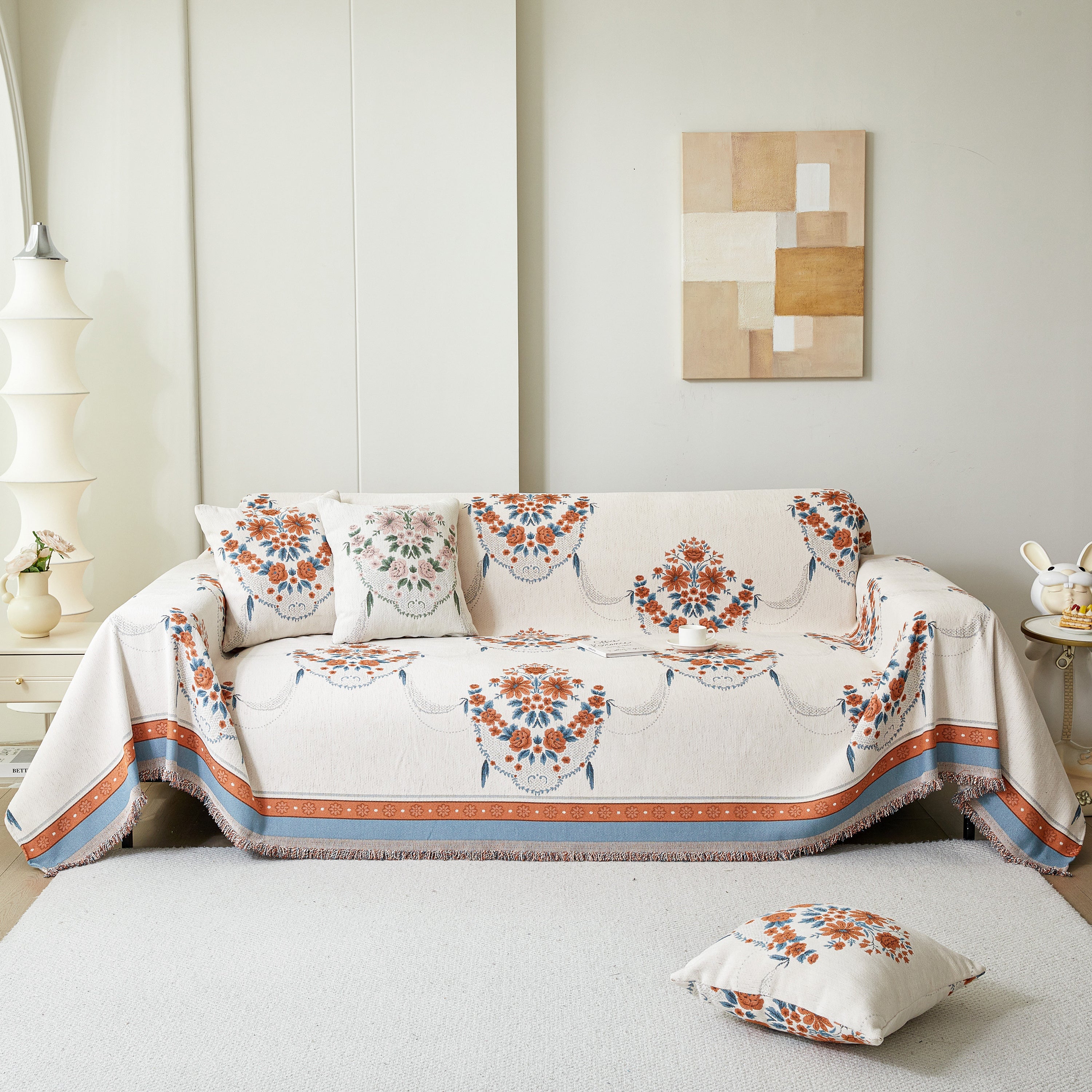 Charming French Country Floral Basket Sofa Throw Cover Rustic Farmhouse-Style Couch Cover Blankets