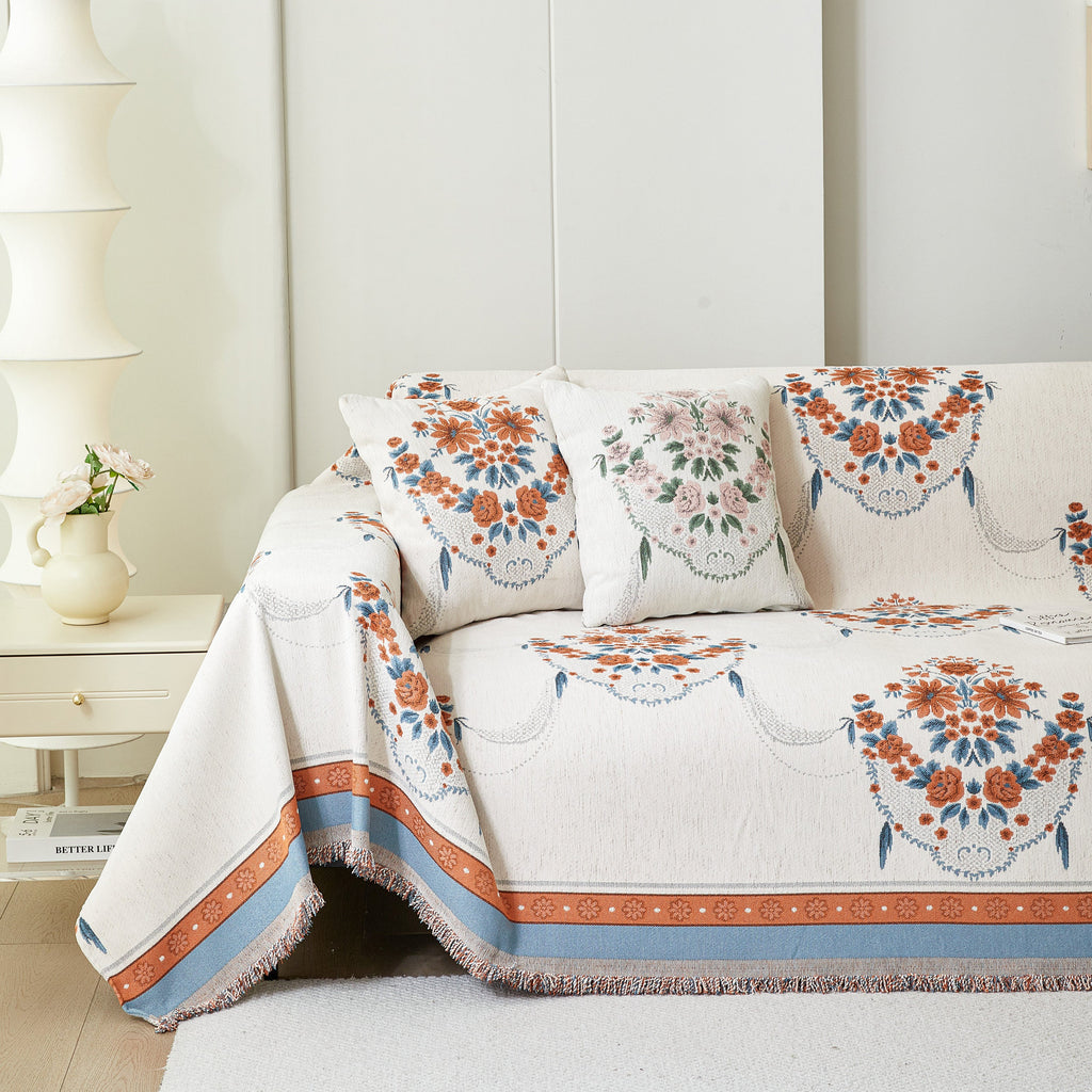 Charming French Country Floral Basket Sofa Throw Cover Rustic Farmhouse-Style Couch Cover Blankets