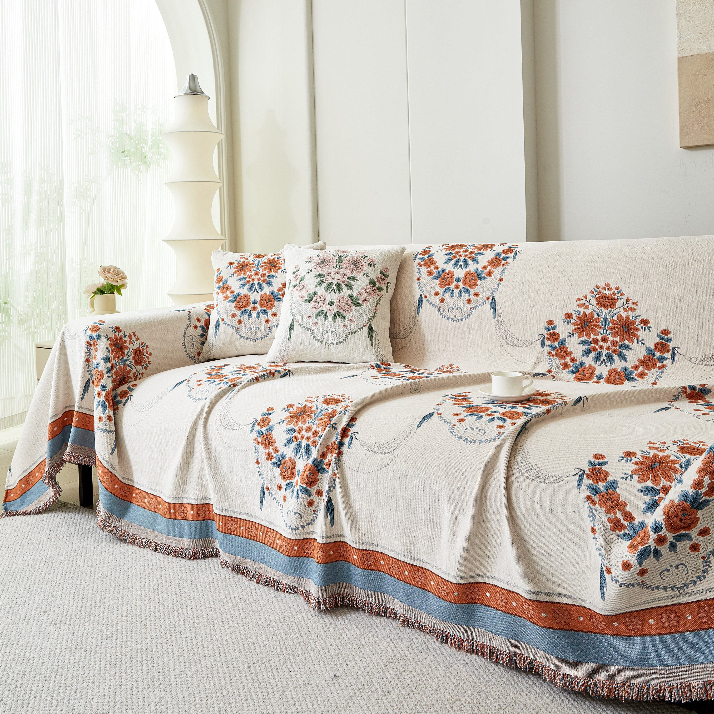 Charming French Country Floral Basket Sofa Throw Cover Rustic Farmhouse-Style Couch Cover Blankets